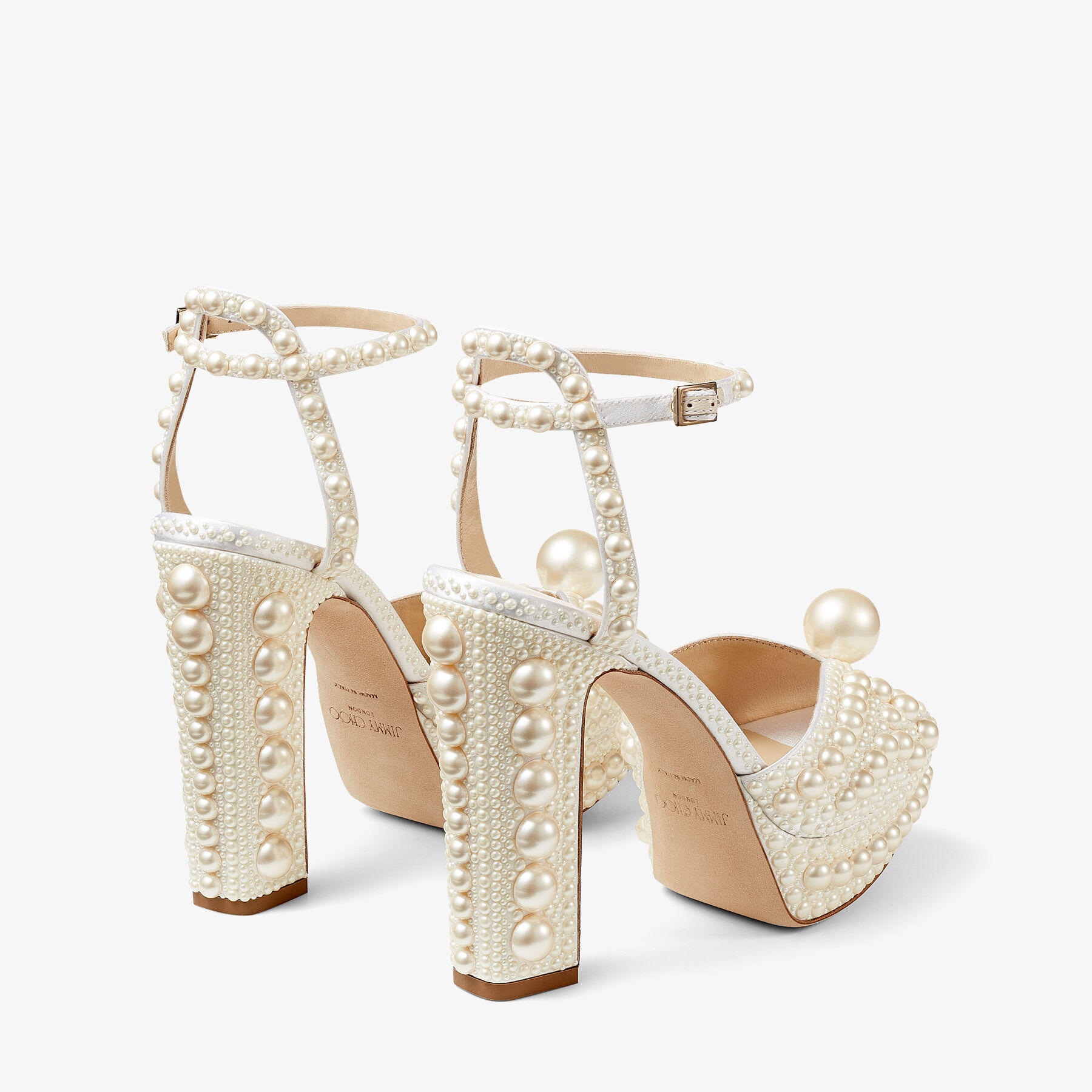 Sacaria Platform 120 White Satin Platform Sandals with All-Over Pearl Embellishment
