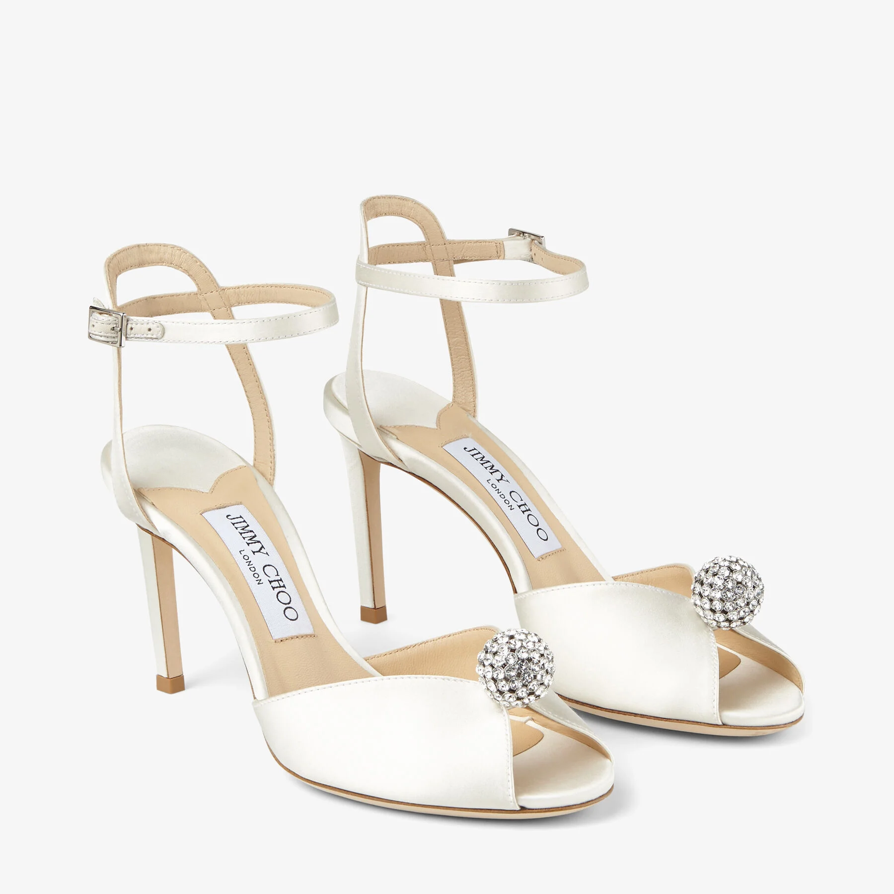 Sacora 85 Ivory Satin Sandals with Crystal-Embellished Sphere
