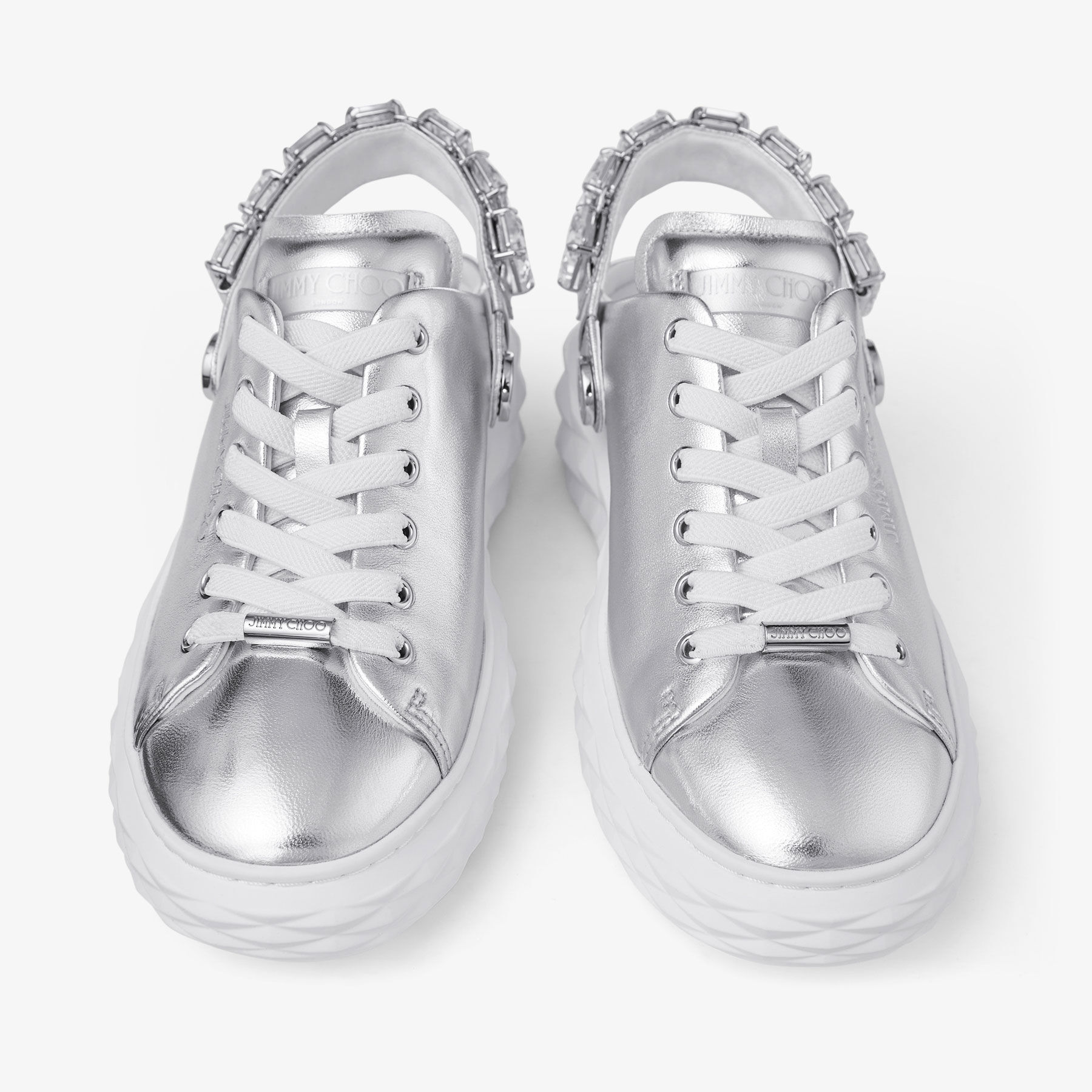 Diamond Sling Silver Metallic Leather Slipper Trainers with Crystal Strap