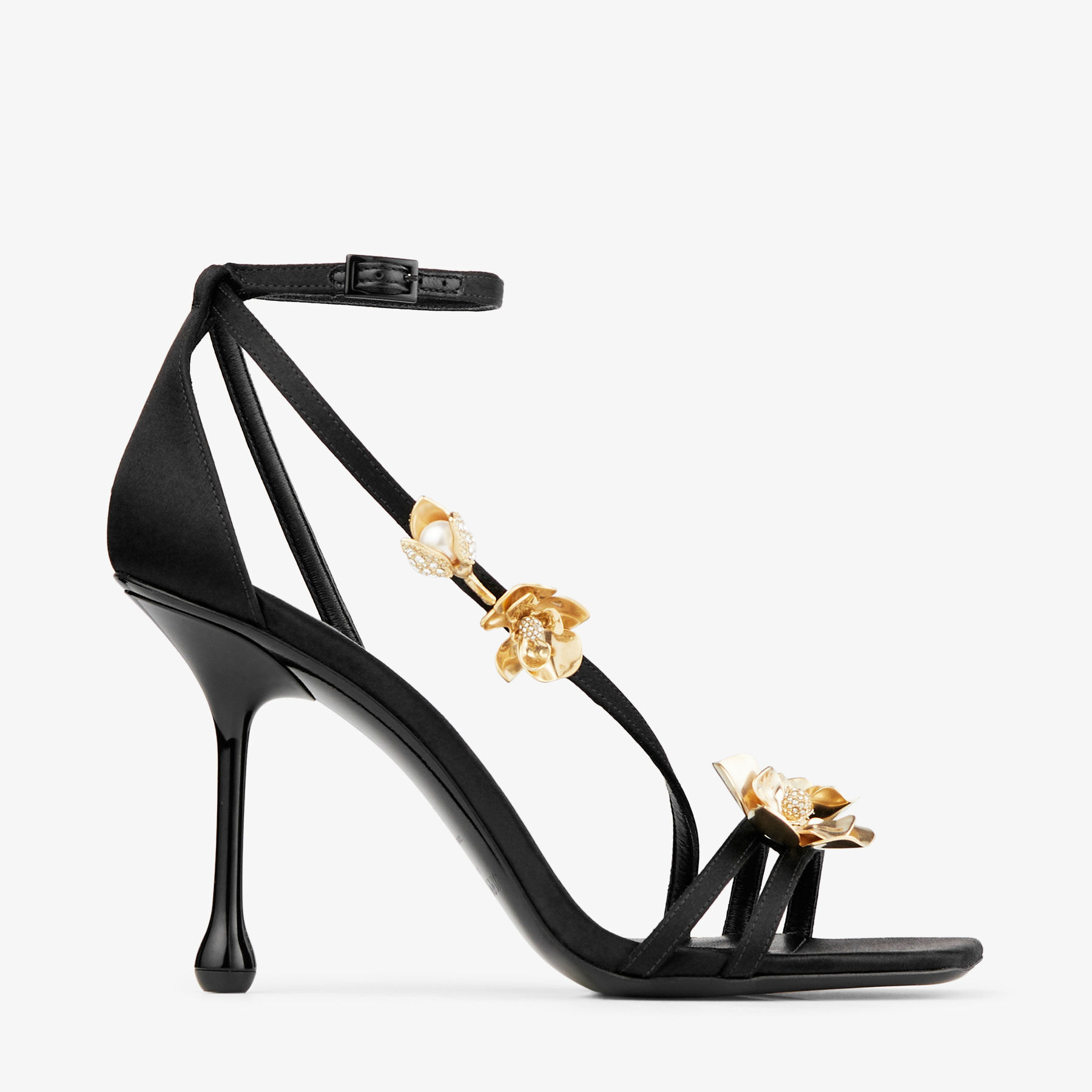 Zea 95 Black Satin Sandals with Metal Flowers
