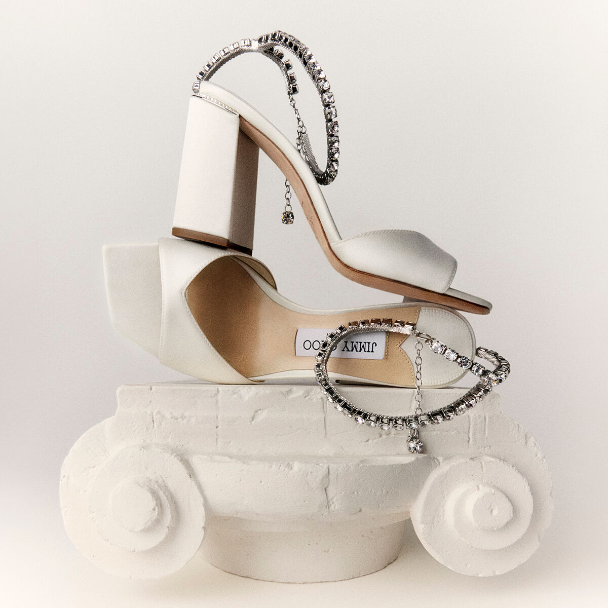 Saeda Sandal Block Heel 85 Ivory Satin Block Heel Sandals with Crystal Chain