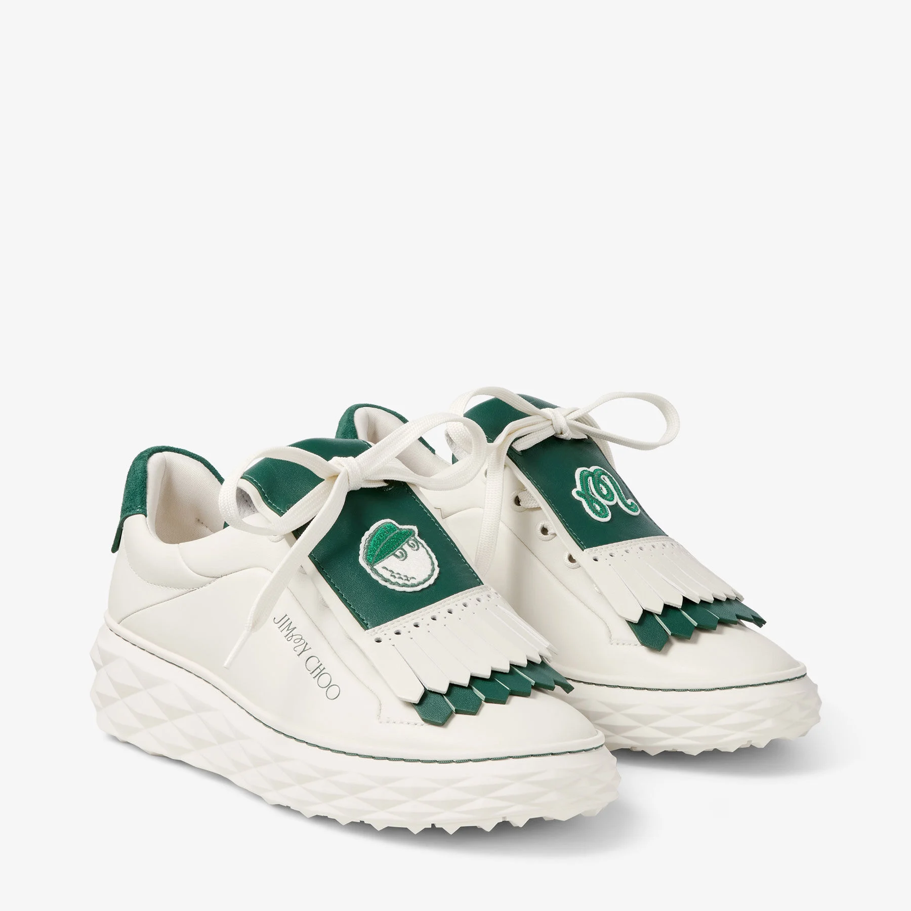 Jimmy Choo / Malbon 2.0 Diamond F  Latte Leather and Malbon Green Trainers with Detachable Kiltie