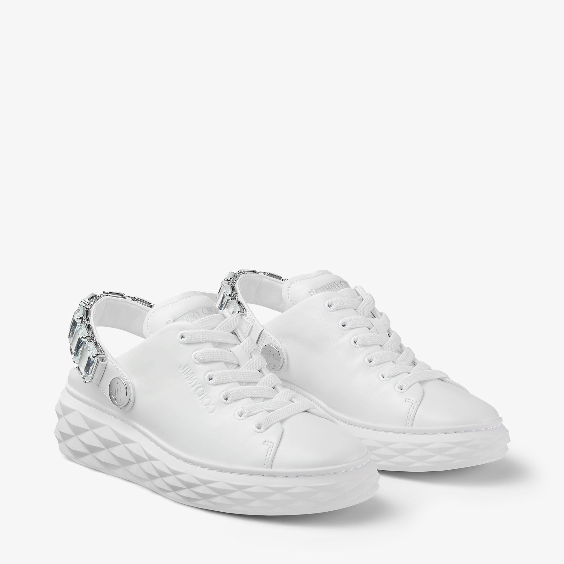 Diamond Sling White Nappa Leather Slipper Trainers with Crystal Strap