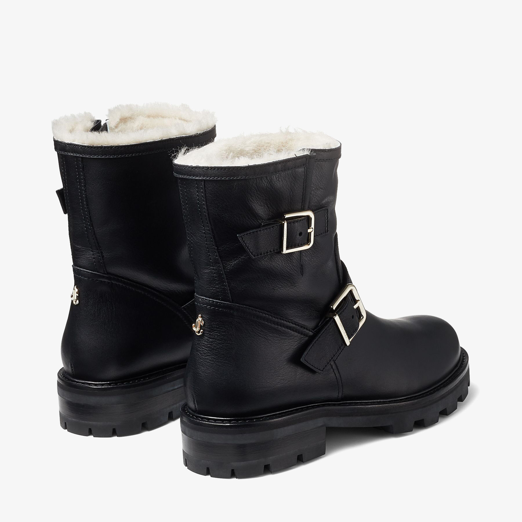 Youth II Shearling Black Smooth Leather Biker Boots with Gold Buckles and Shearling Lining