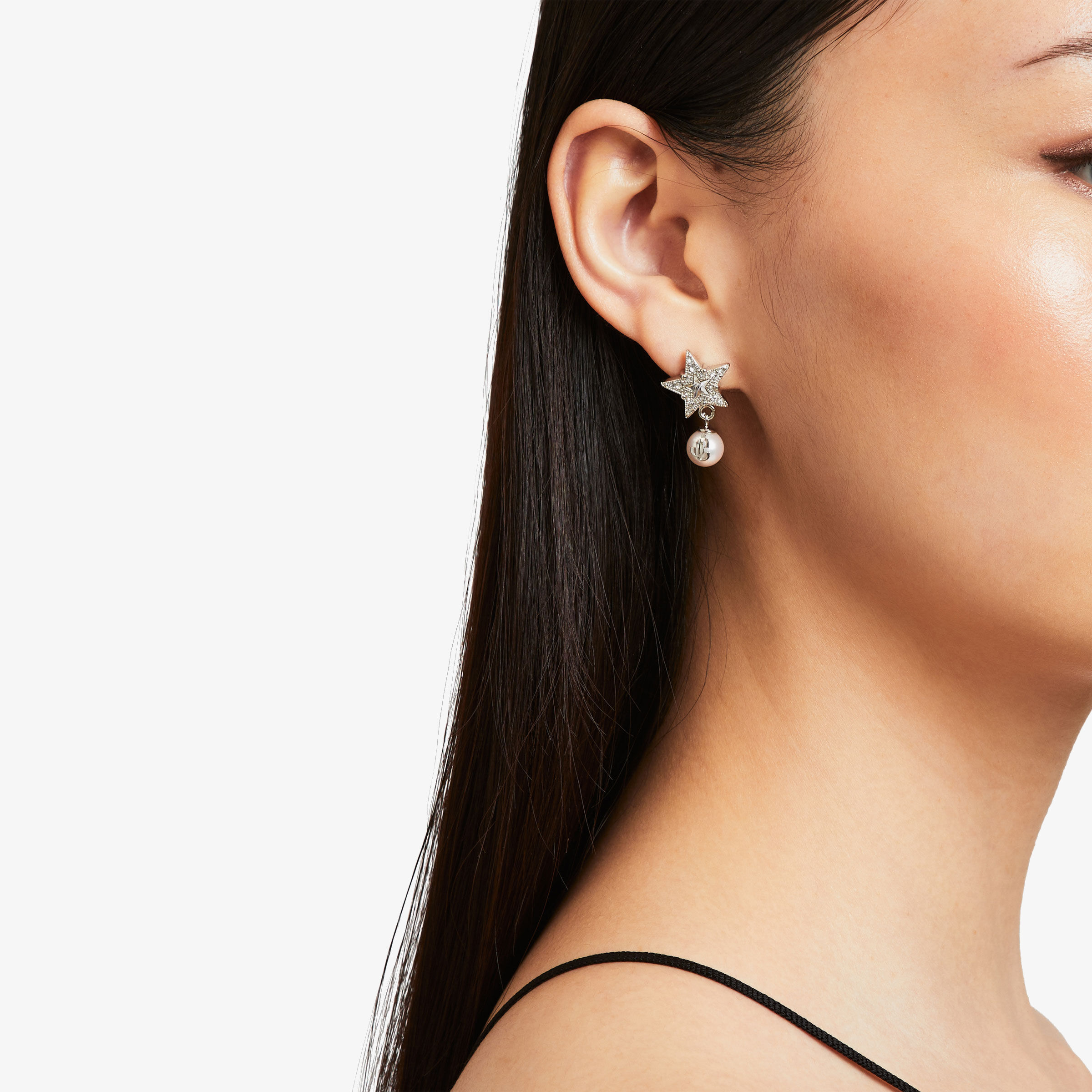 Crystal Star Earrings Silver-Finish Metal Star Earrings with White Resin Pearls and Crystals