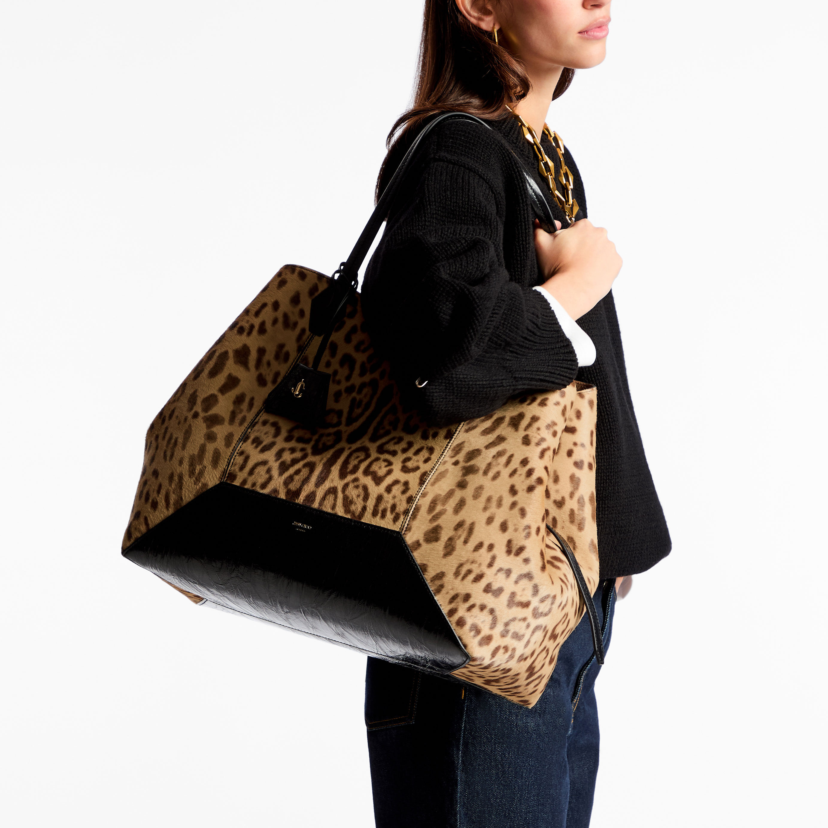 Diamond Tote L Natural Leopard Print Pony Tote Bag