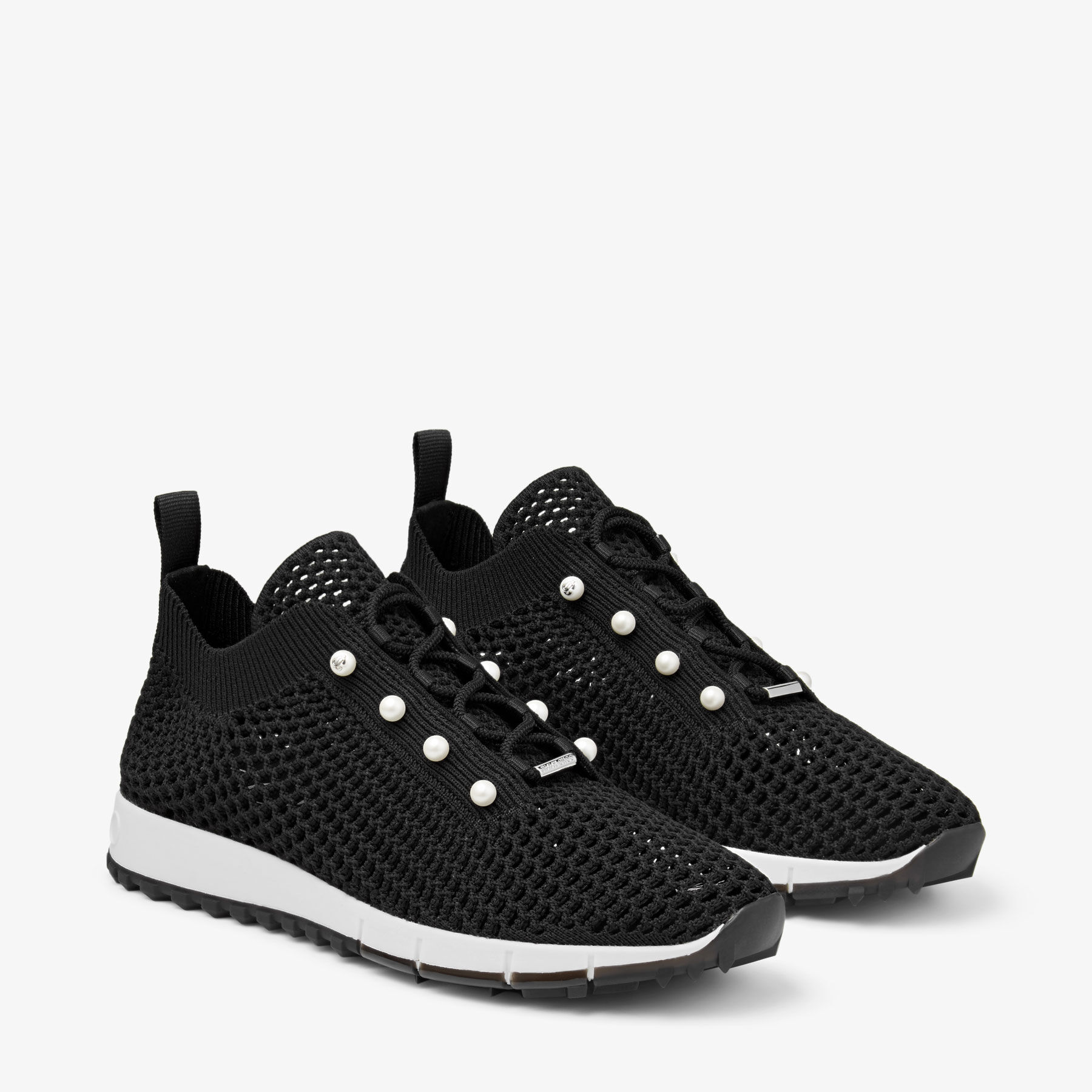Veles Black Crochet Knit Low-Top Trainers with Pearls