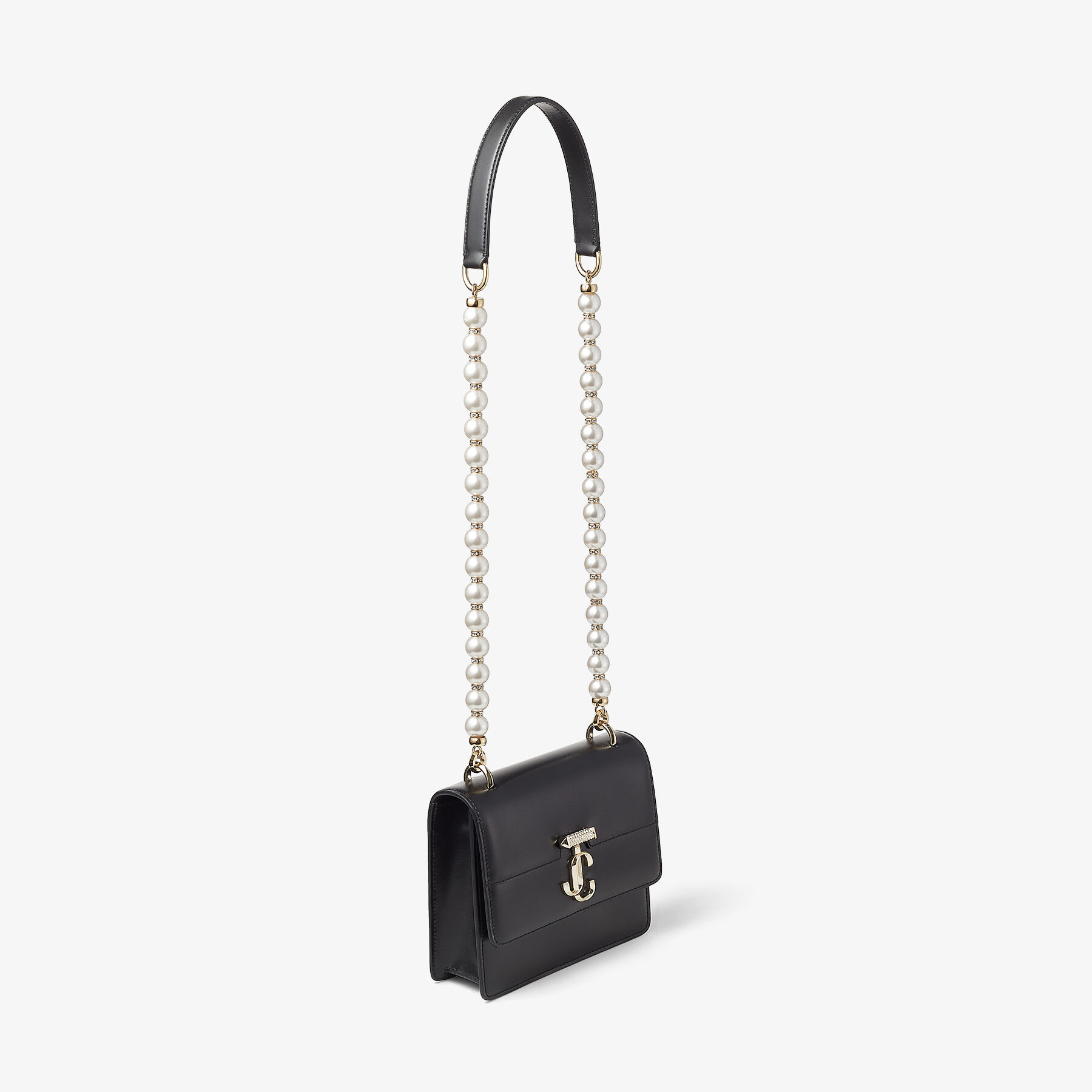 Avenue Quad XS Black Leather Shoulder Bag with Pearl Strap
