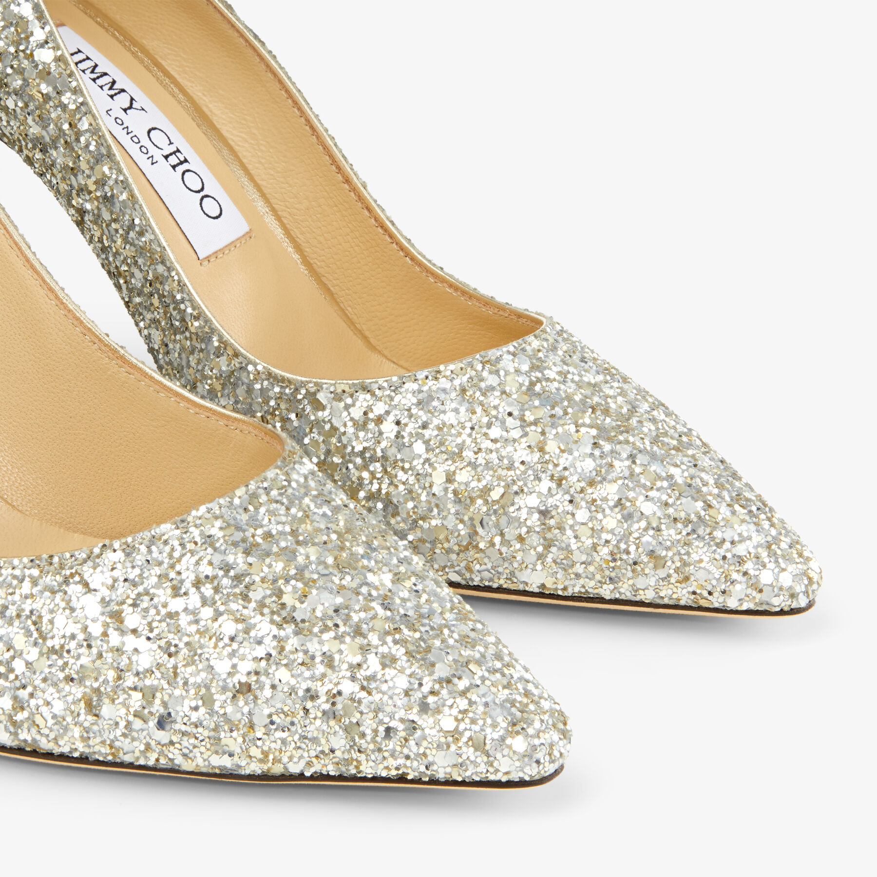 Romy 85 Champagne Coarse Glitter Fabric Pointy Toe Pumps