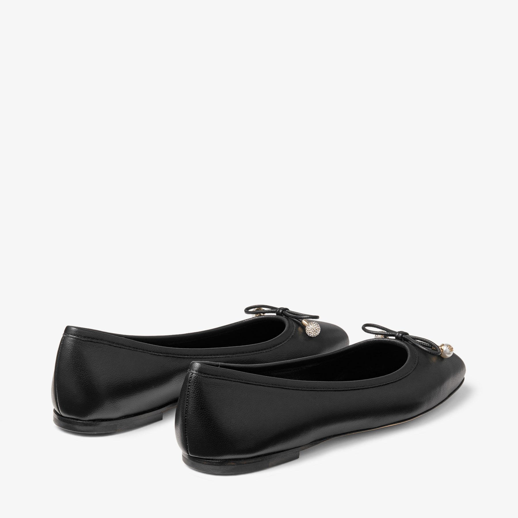 Elme Flat Black Nappa Leather Flats with Pearl Embellishment
