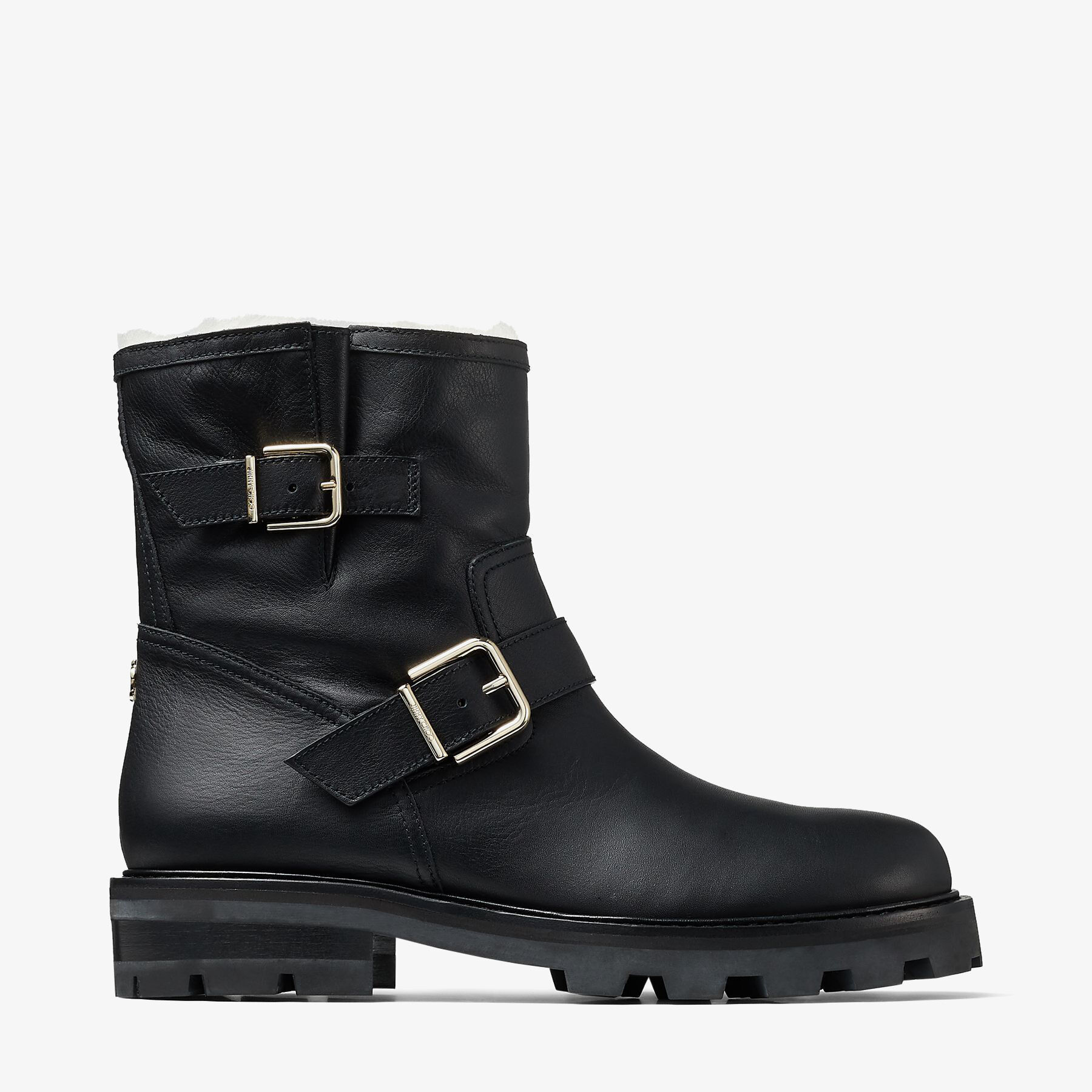 Youth II Shearling Black Smooth Leather Biker Boots with Gold Buckles and Shearling Lining