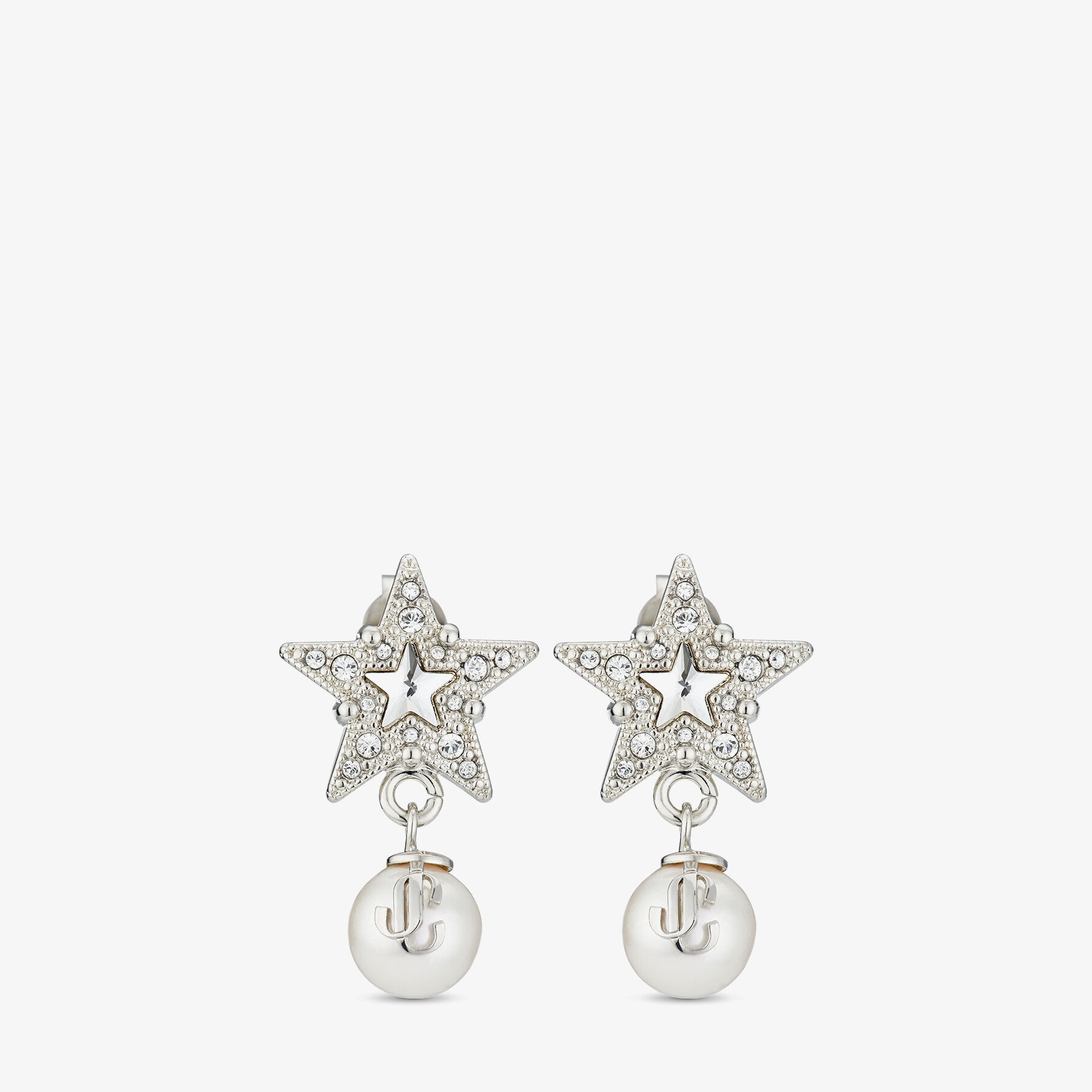 Crystal Star Earrings Silver-Finish Metal Star Earrings with White Resin Pearls and Crystals