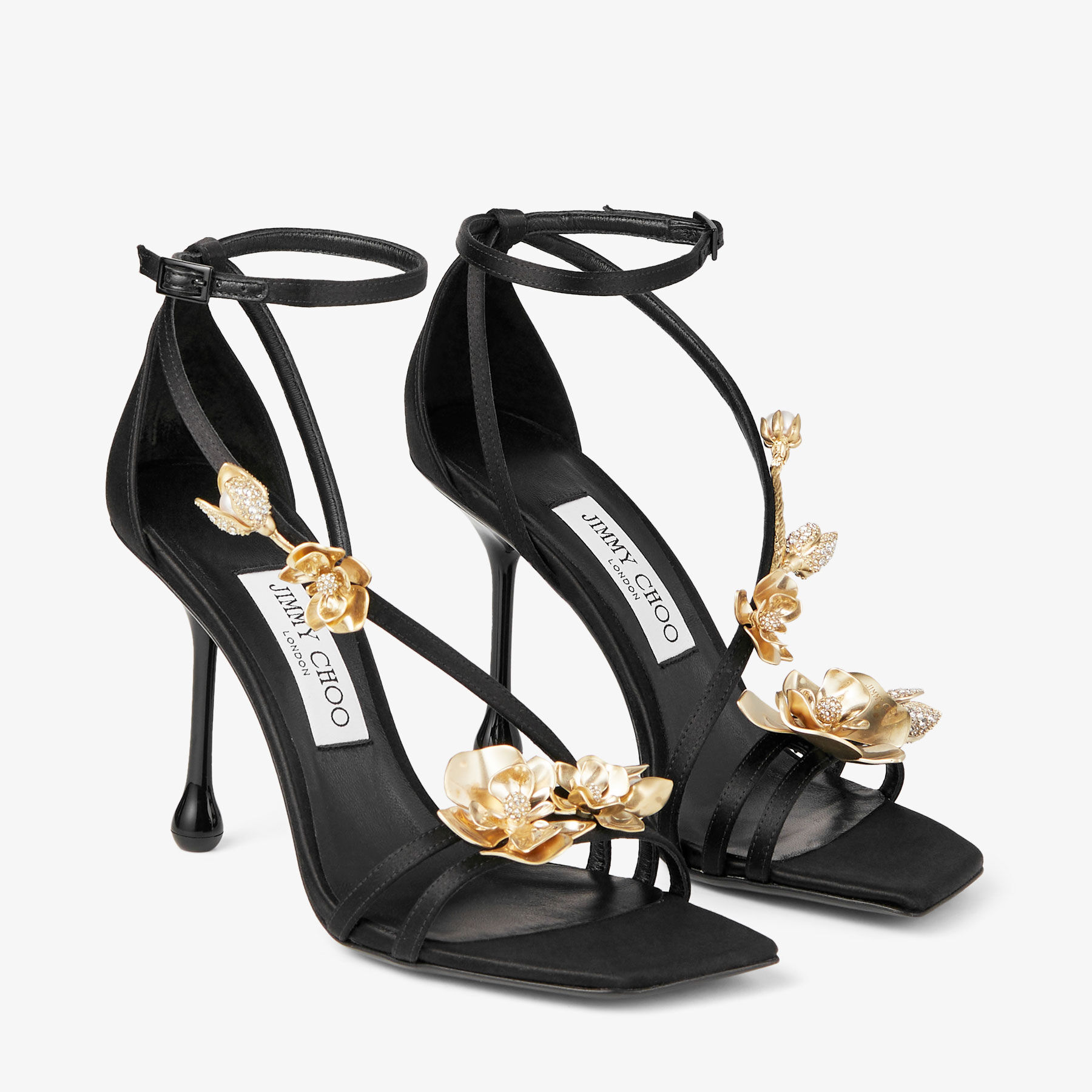 Zea 95 Black Satin Sandals with Metal Flowers