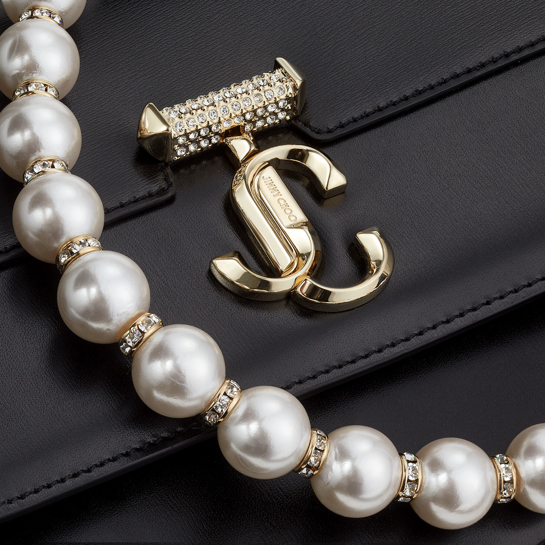 Avenue Quad XS Black Leather Shoulder Bag with Pearl Strap