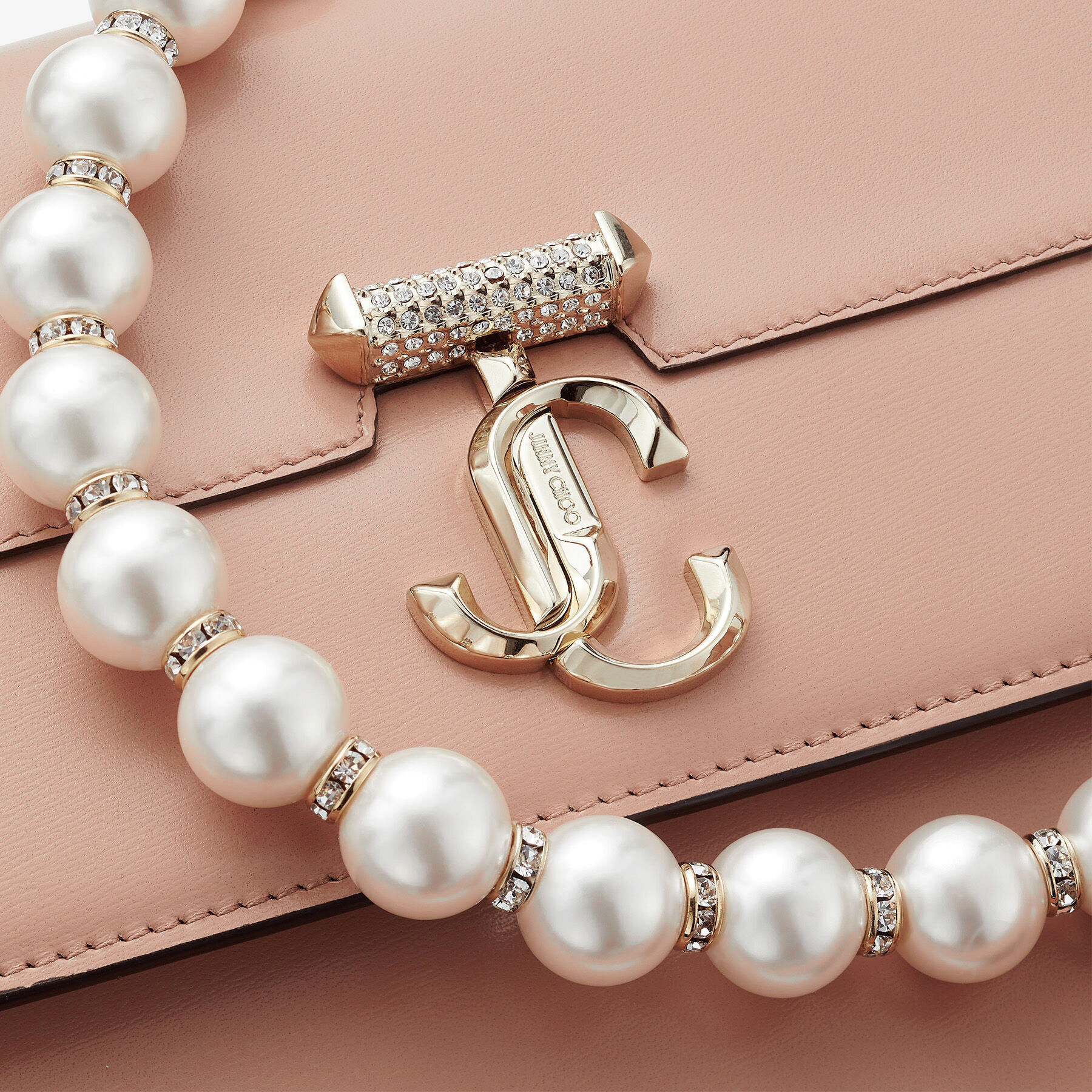 Avenue Quad XS Ballet Pink Box Leather Shoulder Bag with Pearl Strap