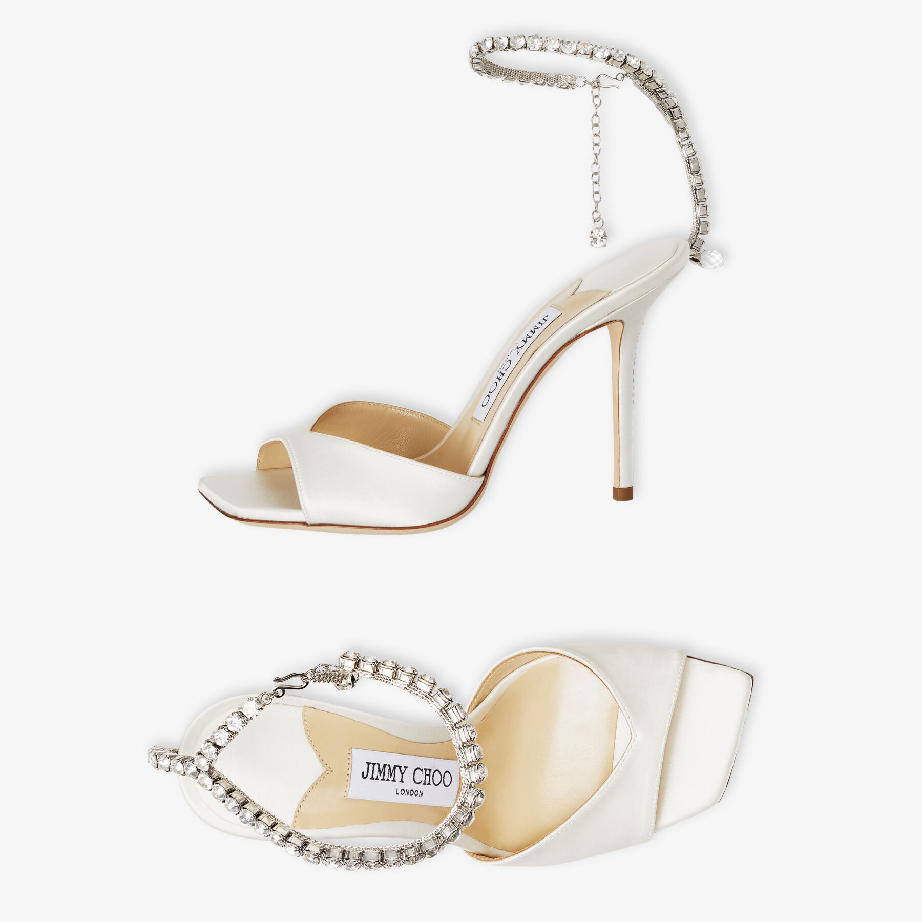 Saeda Sandal 100 Ivory Satin Sandals with Crystal Embellishment