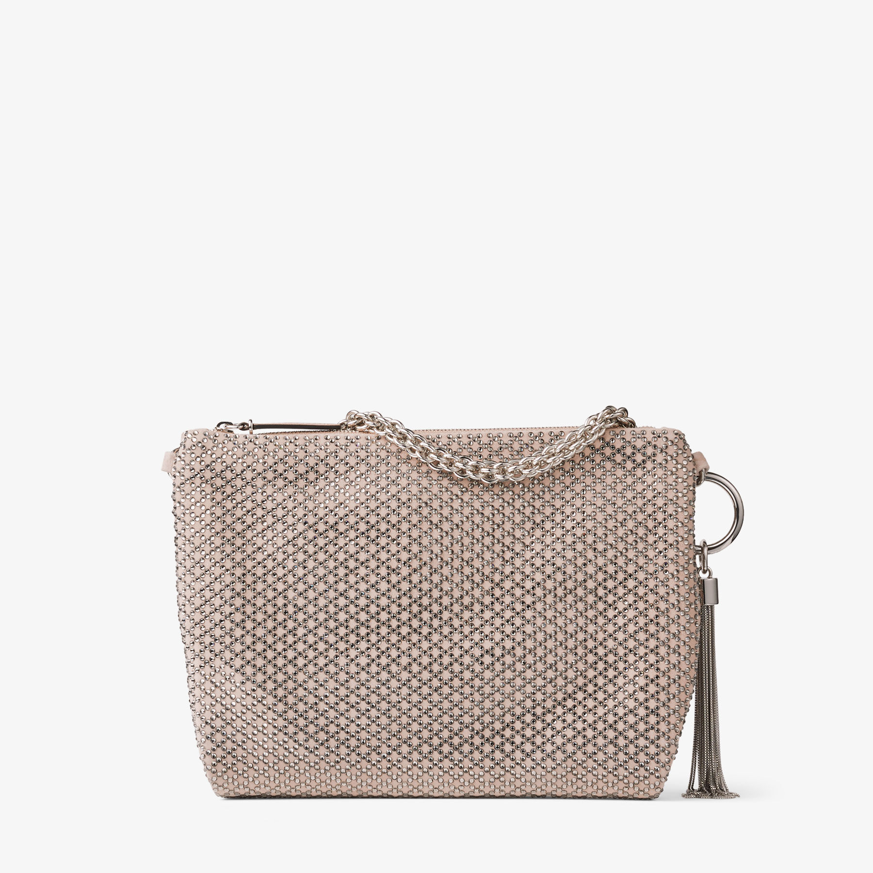 Callie Ballet Pink Suede Clutch Bag with Diamond Motif and Crystal Hotfix