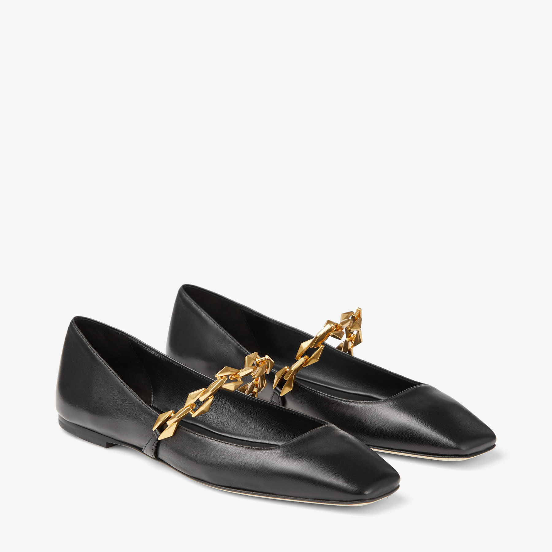Diamond Tilda Flat Black Nappa Leather Flats with Chain
