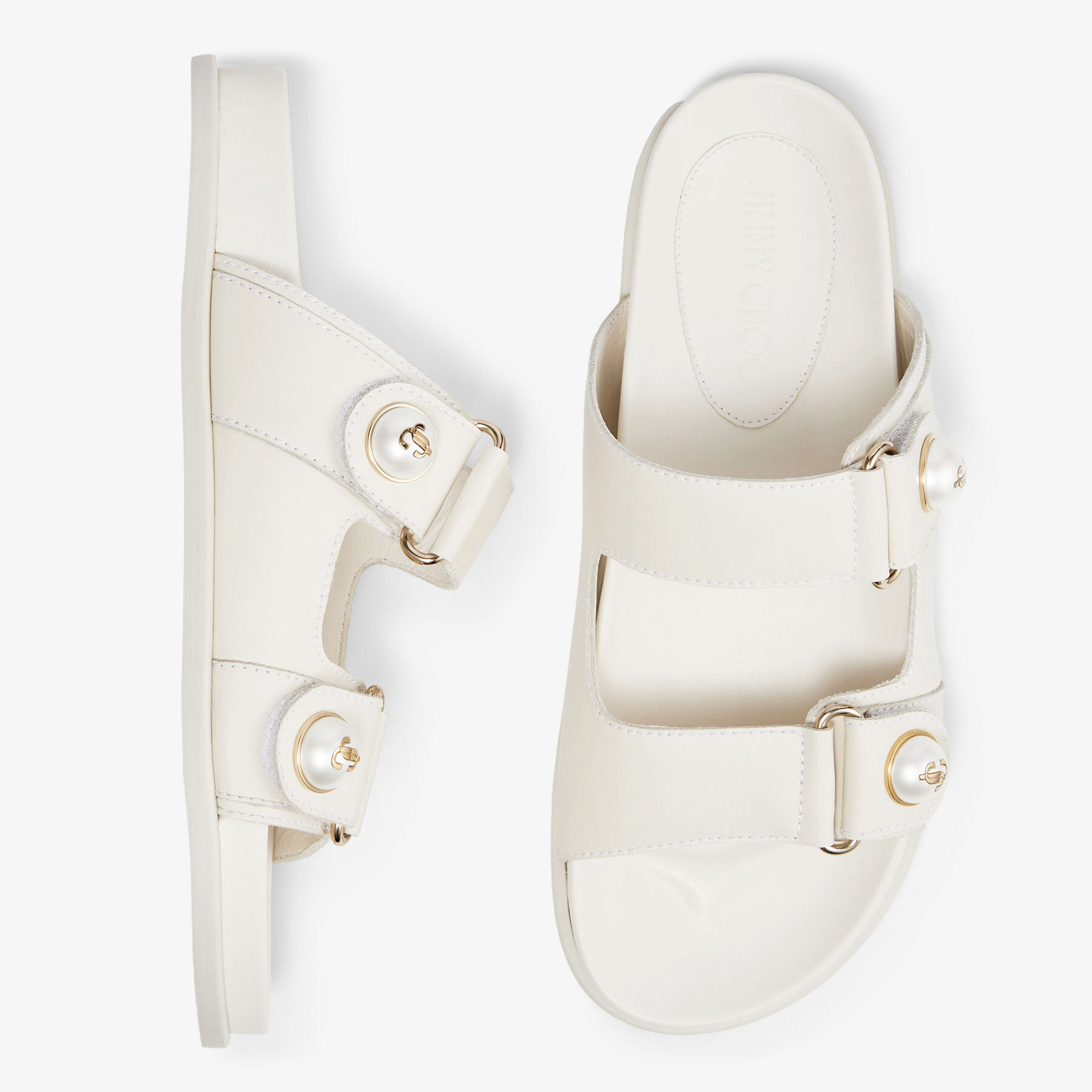 Fayence Sandal Latte Leather Flat Sandals with Pearl Embellishment