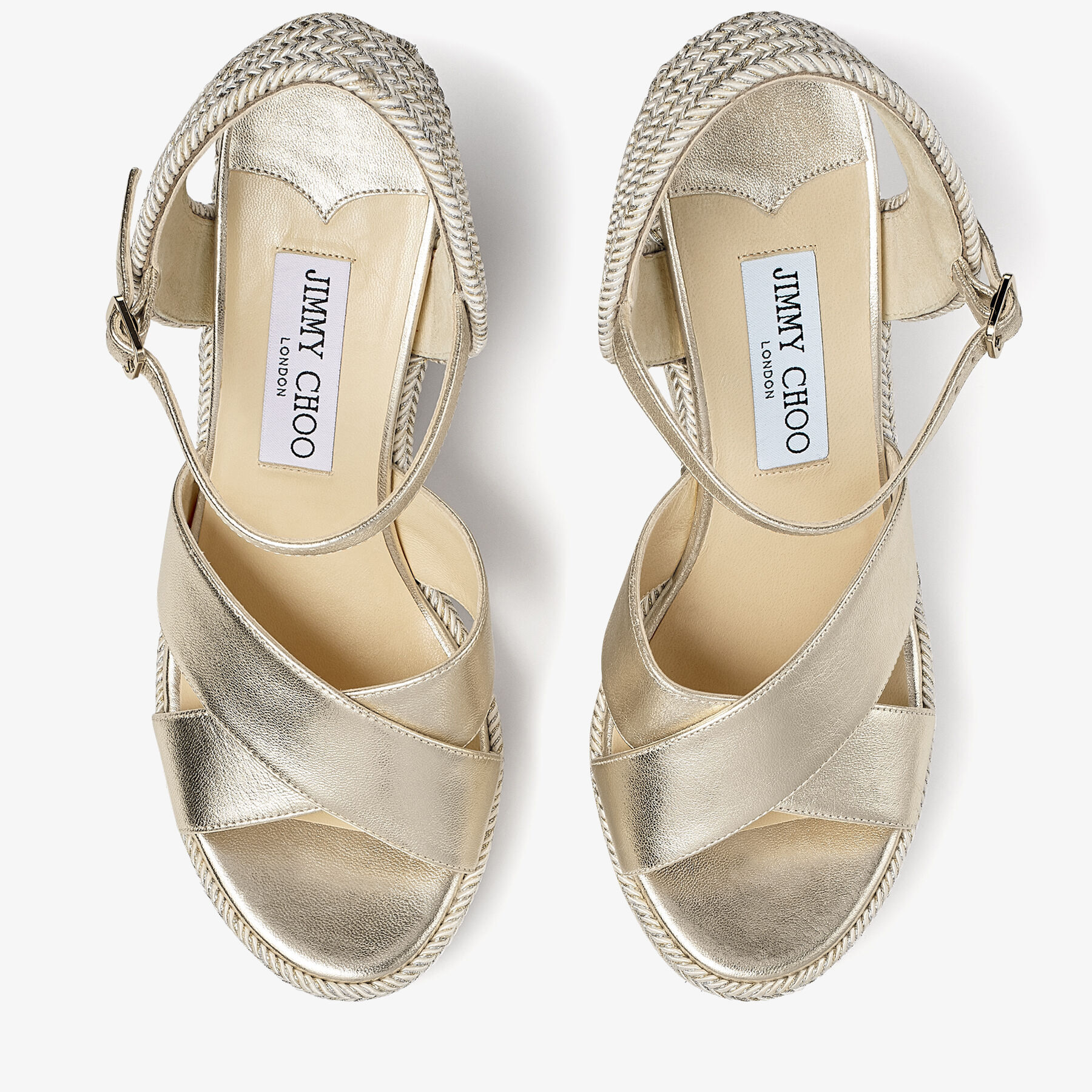 Dellena 100 Champagne Nappa Leather Wedge Sandals with Metallic Rope Thread