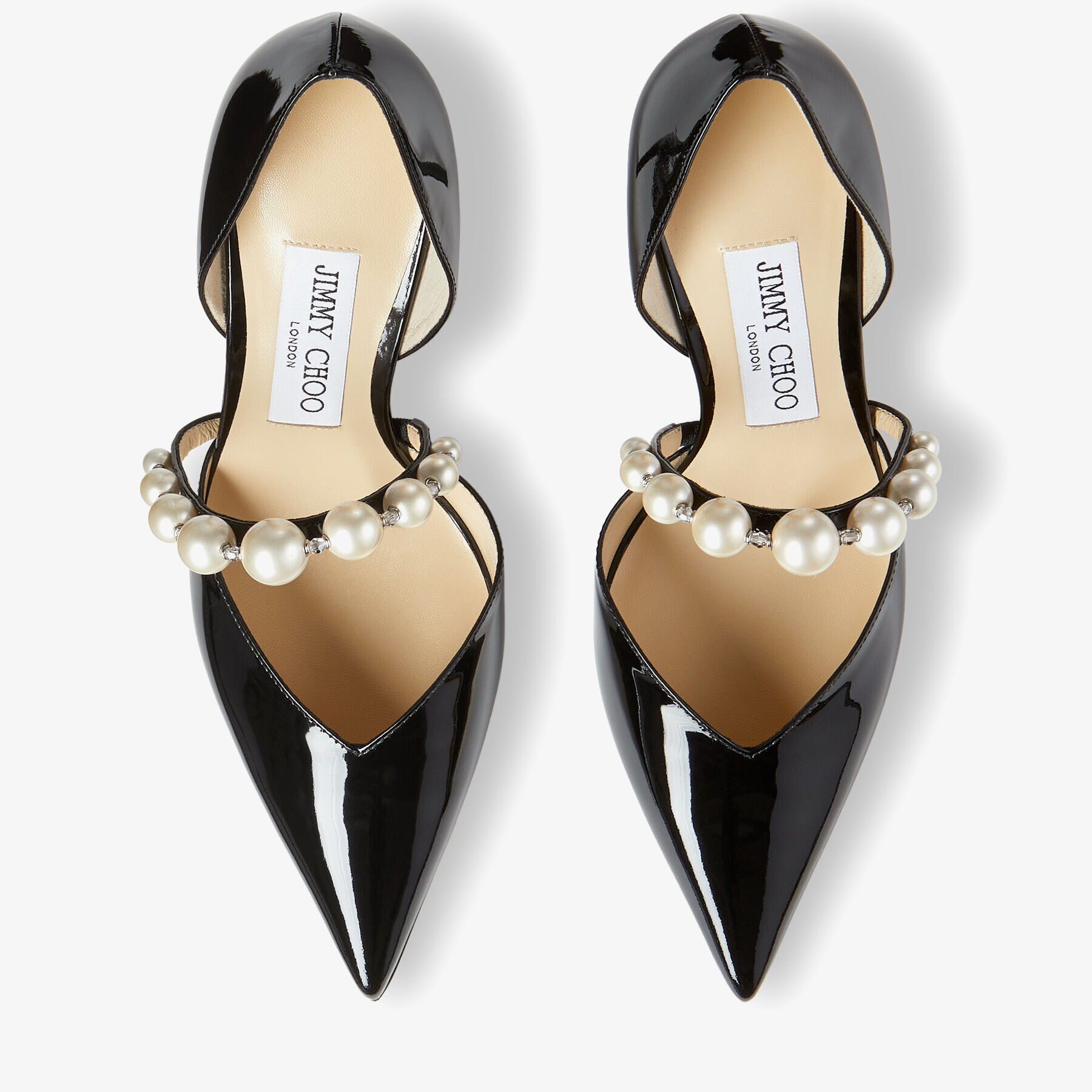 Aurelie 85 Black Patent Leather Pointed Pumps with Pearl Embellishment
