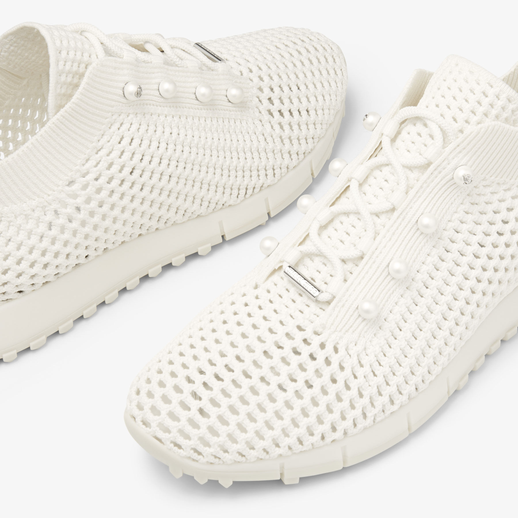 Veles Latte Crochet Knit Low-Top Trainers with Pearls