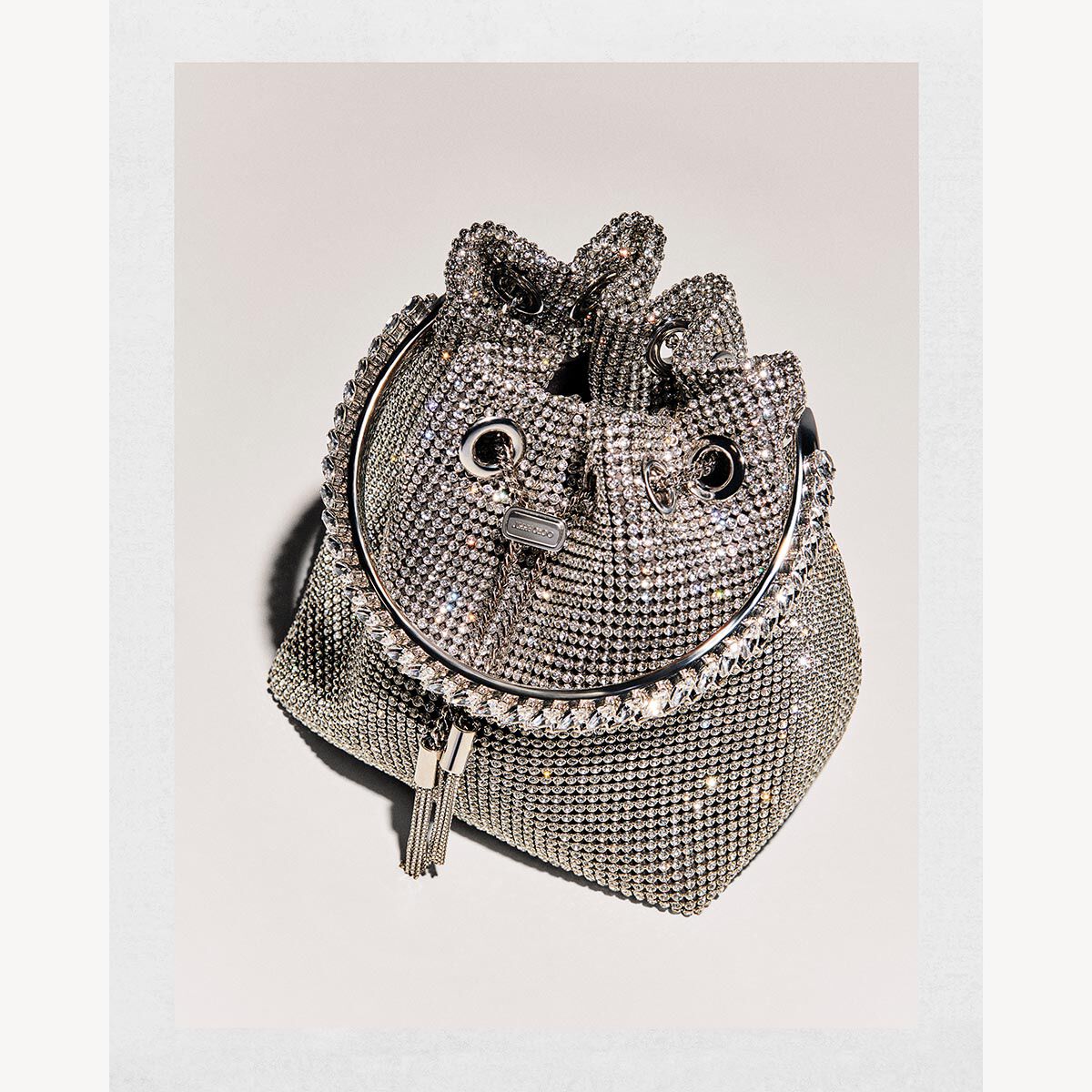 Bon Bon Silver Satin Crystal Mesh Bag with Crystal Handle