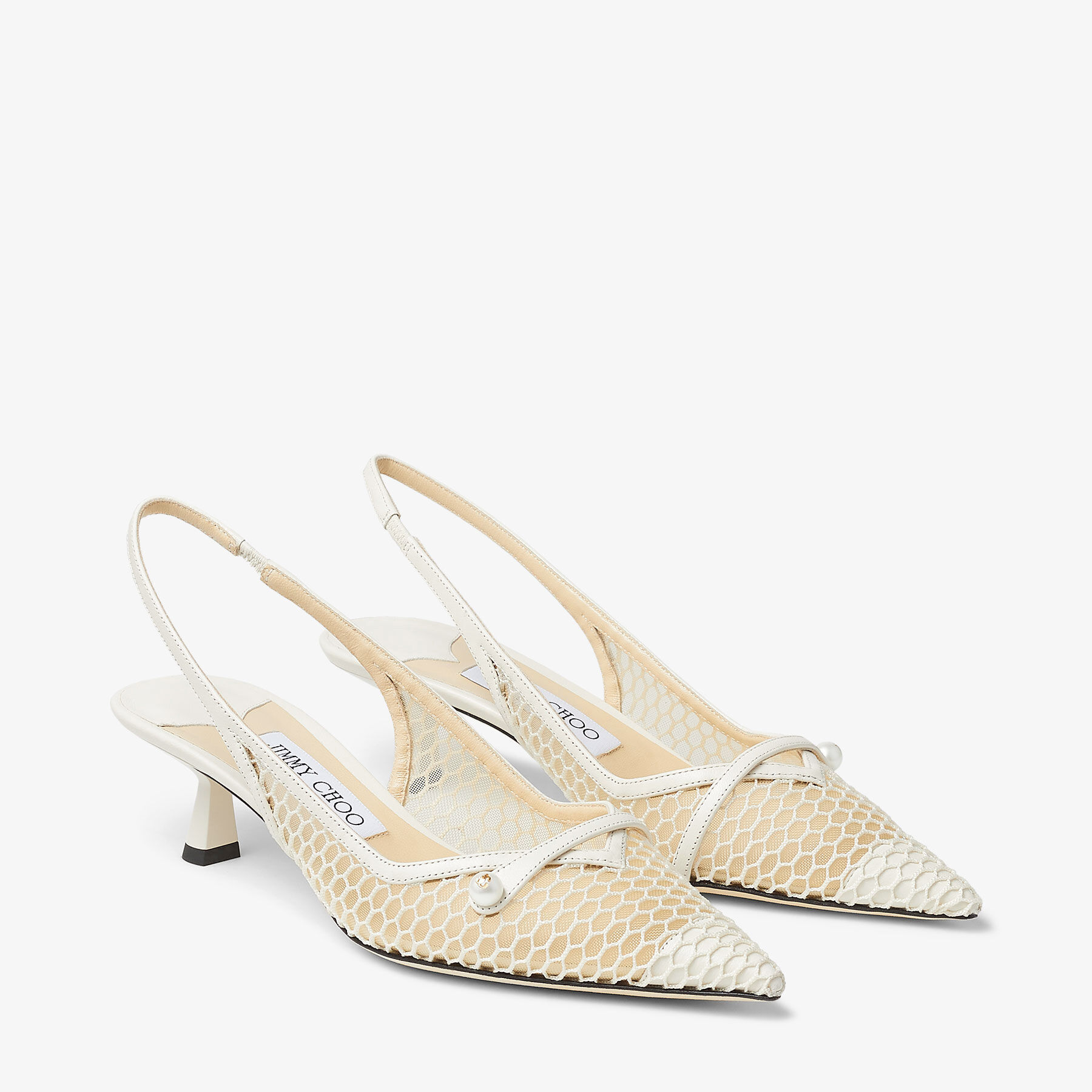 Amita 45 White Fishnet Mesh and Latte Nappa Slingback Pumps
