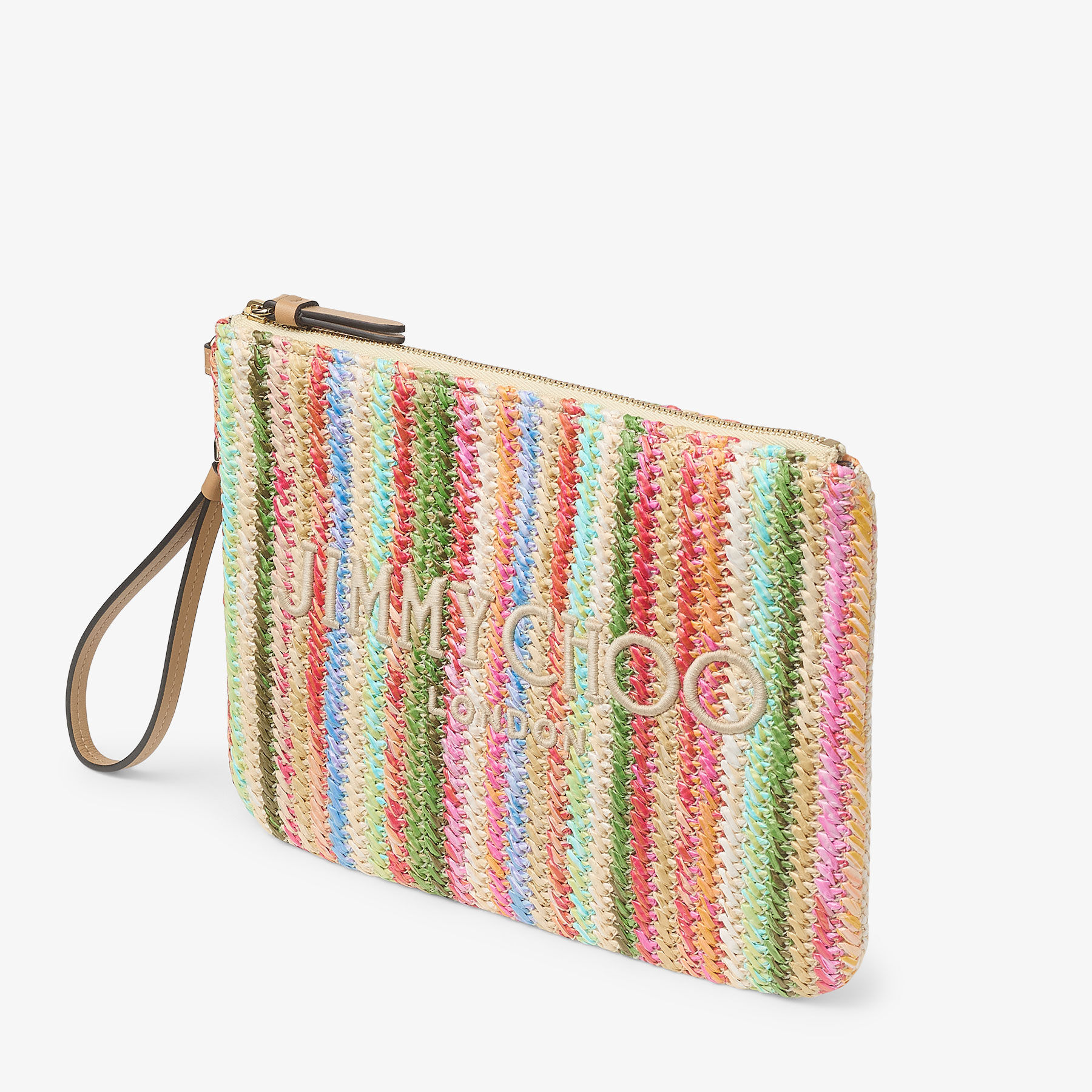 Zip Top Pouch Ecru Striped Raffia Pouch