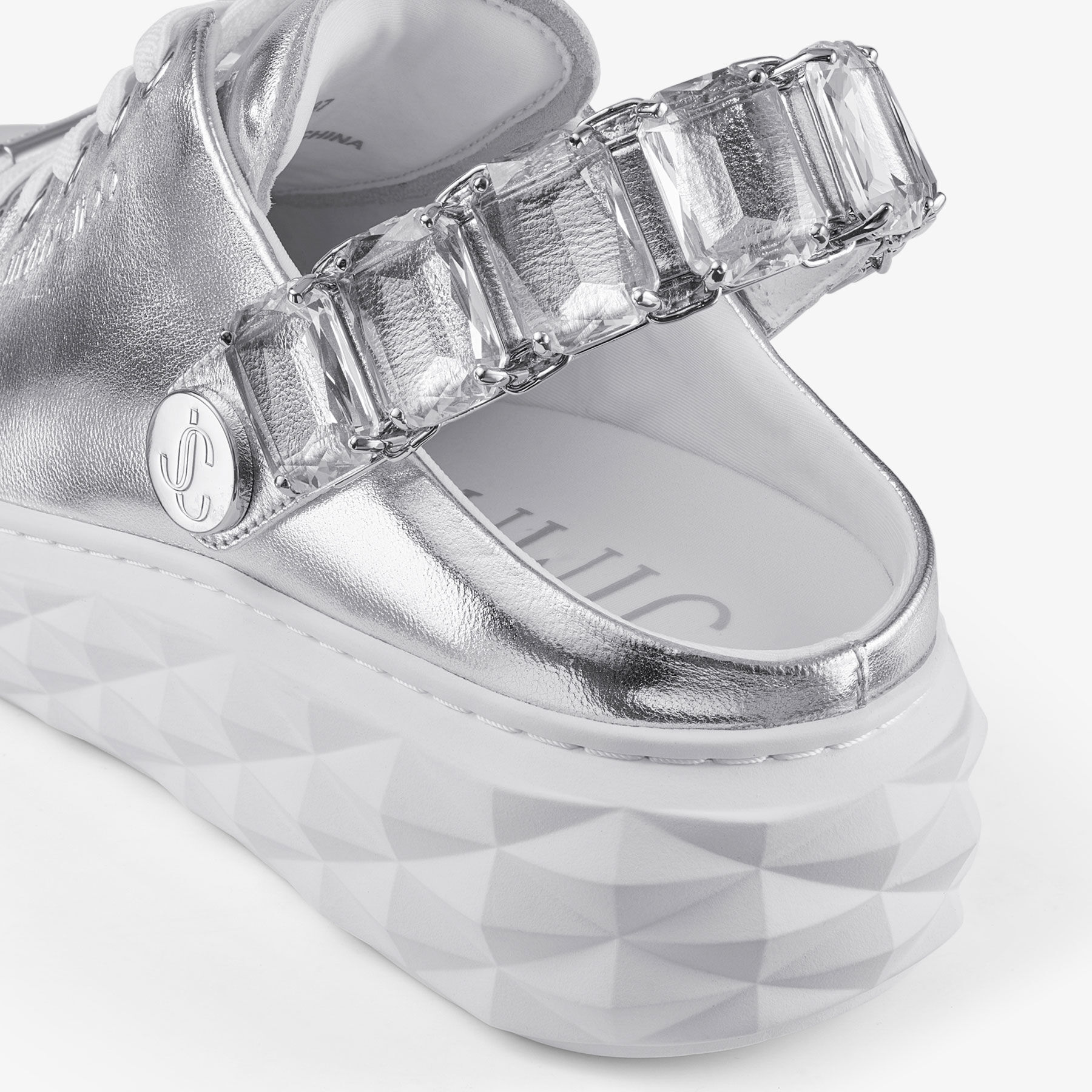 Diamond Sling Silver Metallic Leather Slipper Trainers with Crystal Strap
