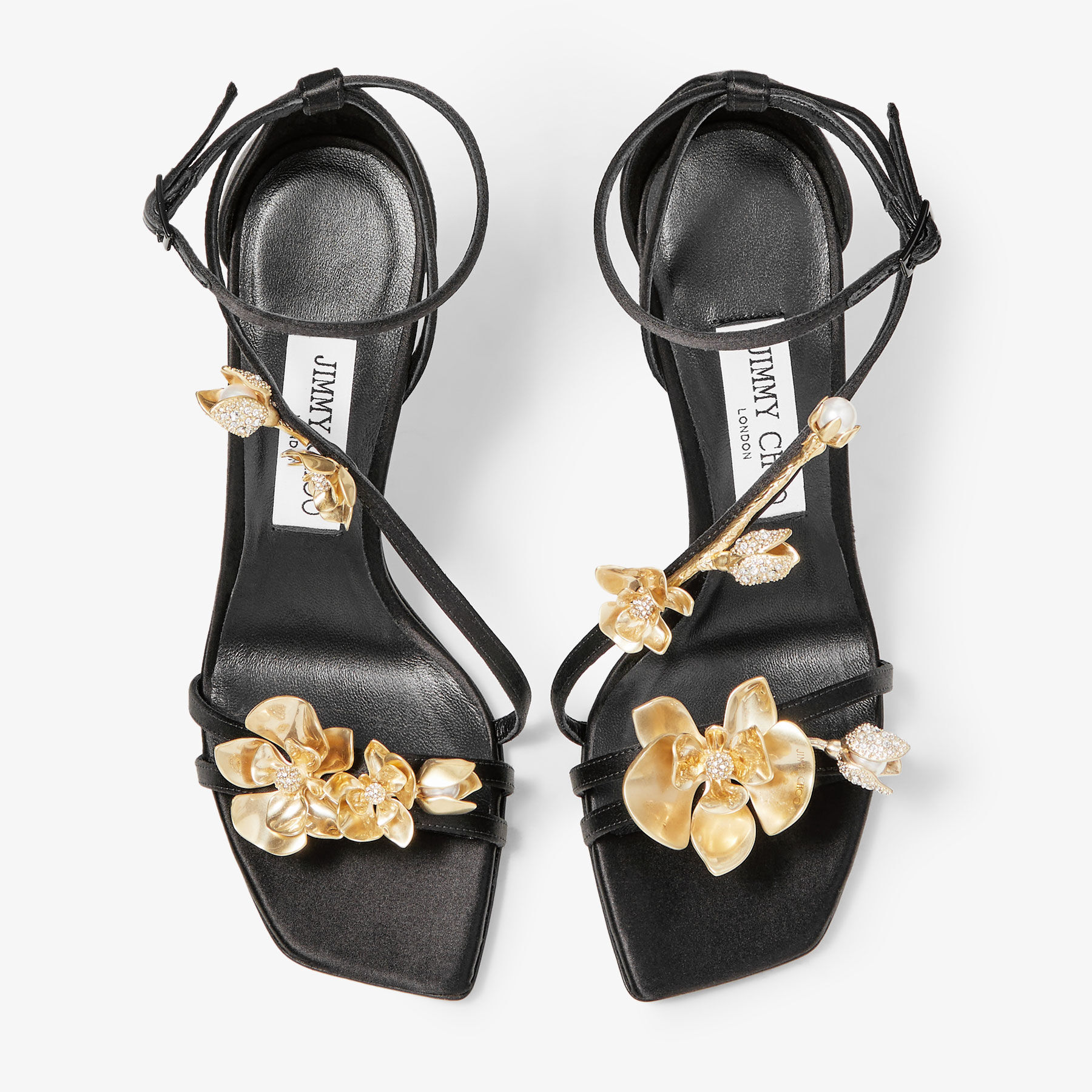 Zea 95 Black Satin Sandals with Metal Flowers