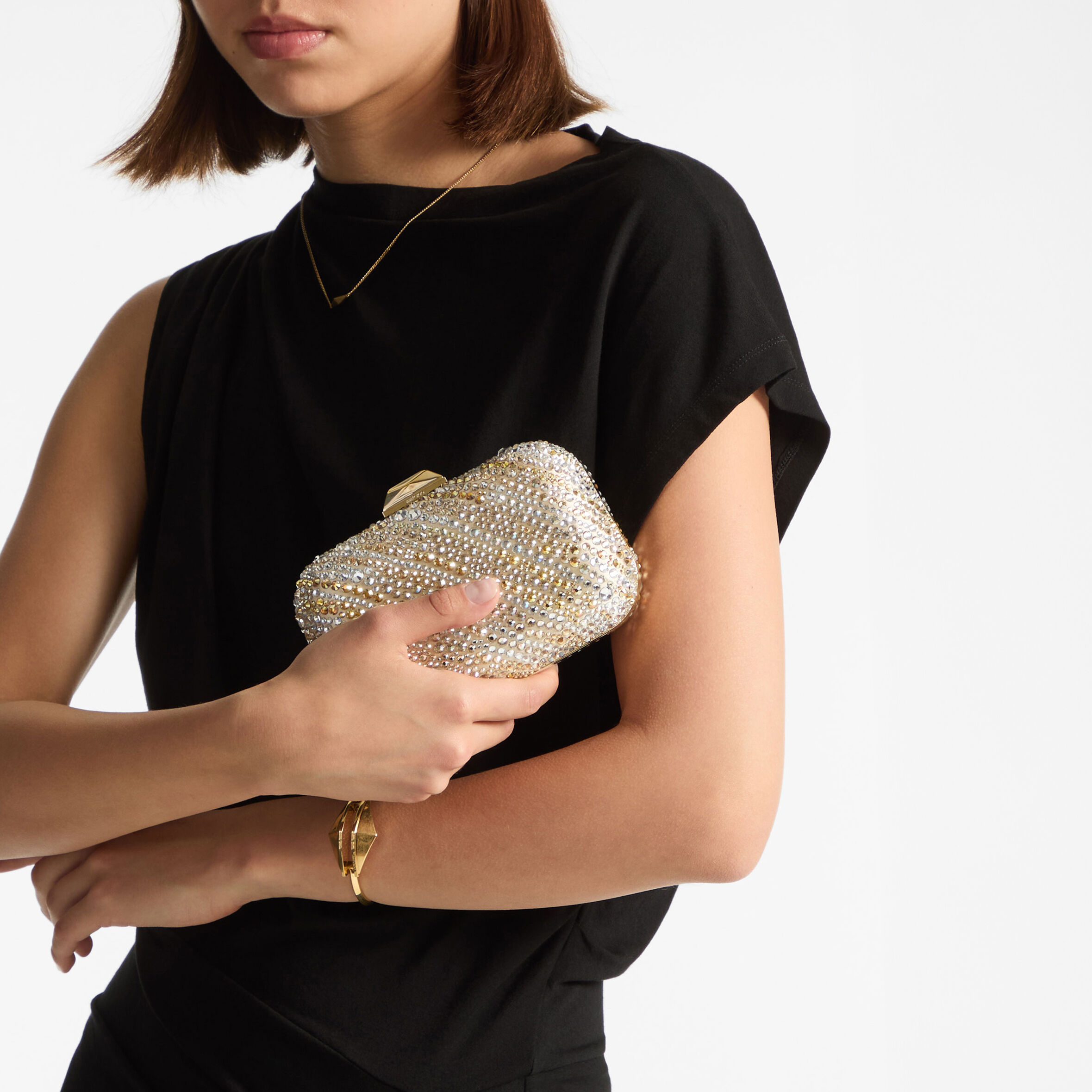 Cloud Gold Satin Crystal Clutch Bag