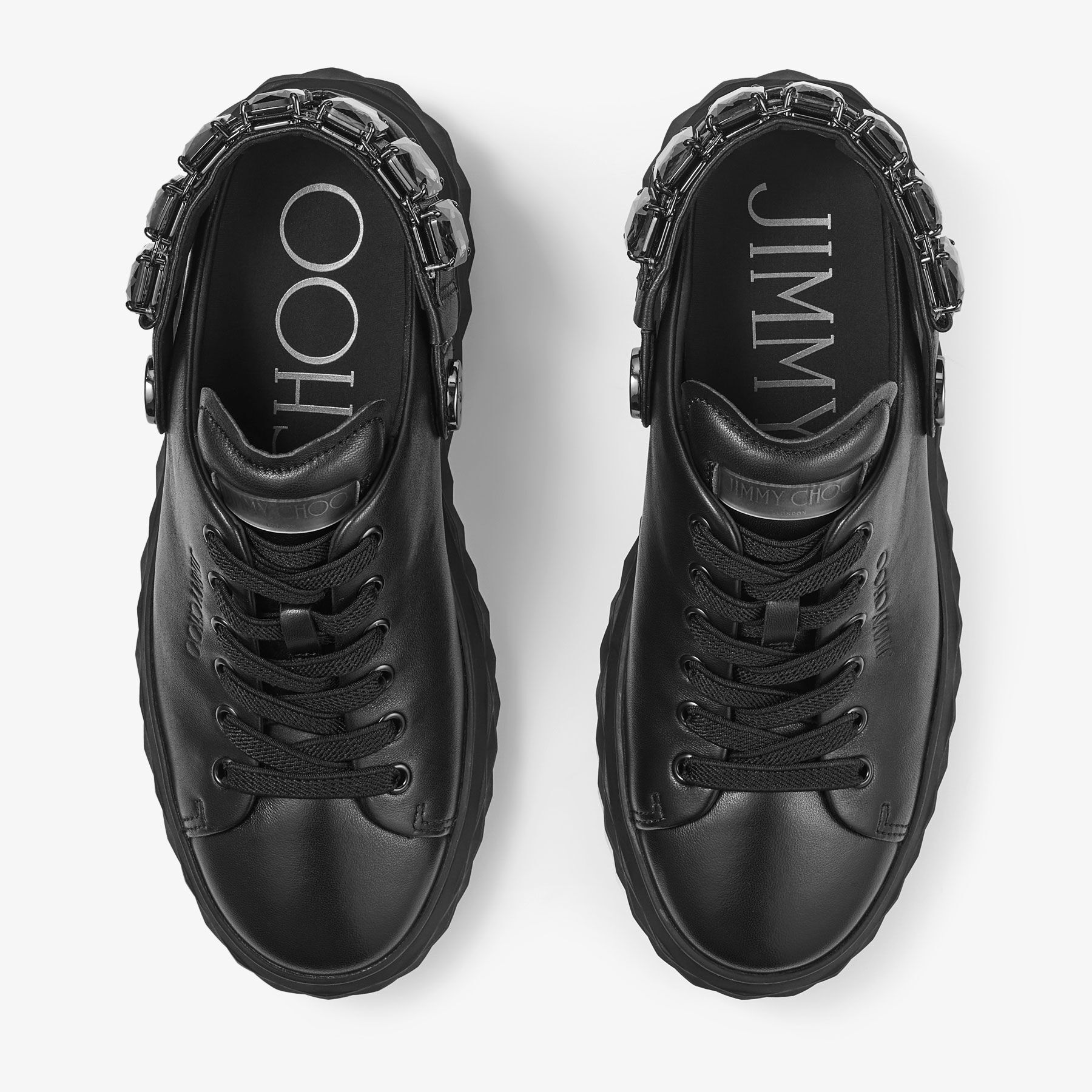 Diamond Sling Black Nappa Leather Slipper Trainers with Crystal Strap