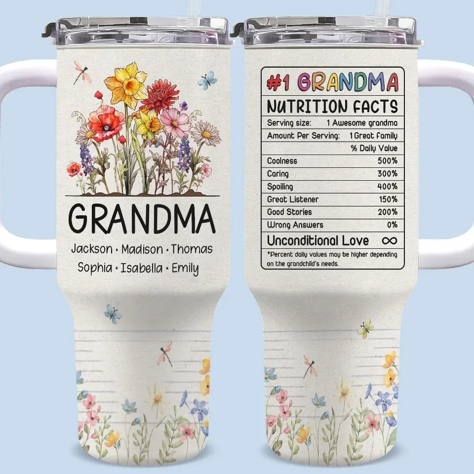 Grandma��s Love Blooms Like A Garden In Spring - Family Personalized Custom 40 Oz Stainless Steel Tumbler With Handle - Gift For Mom, Grandma