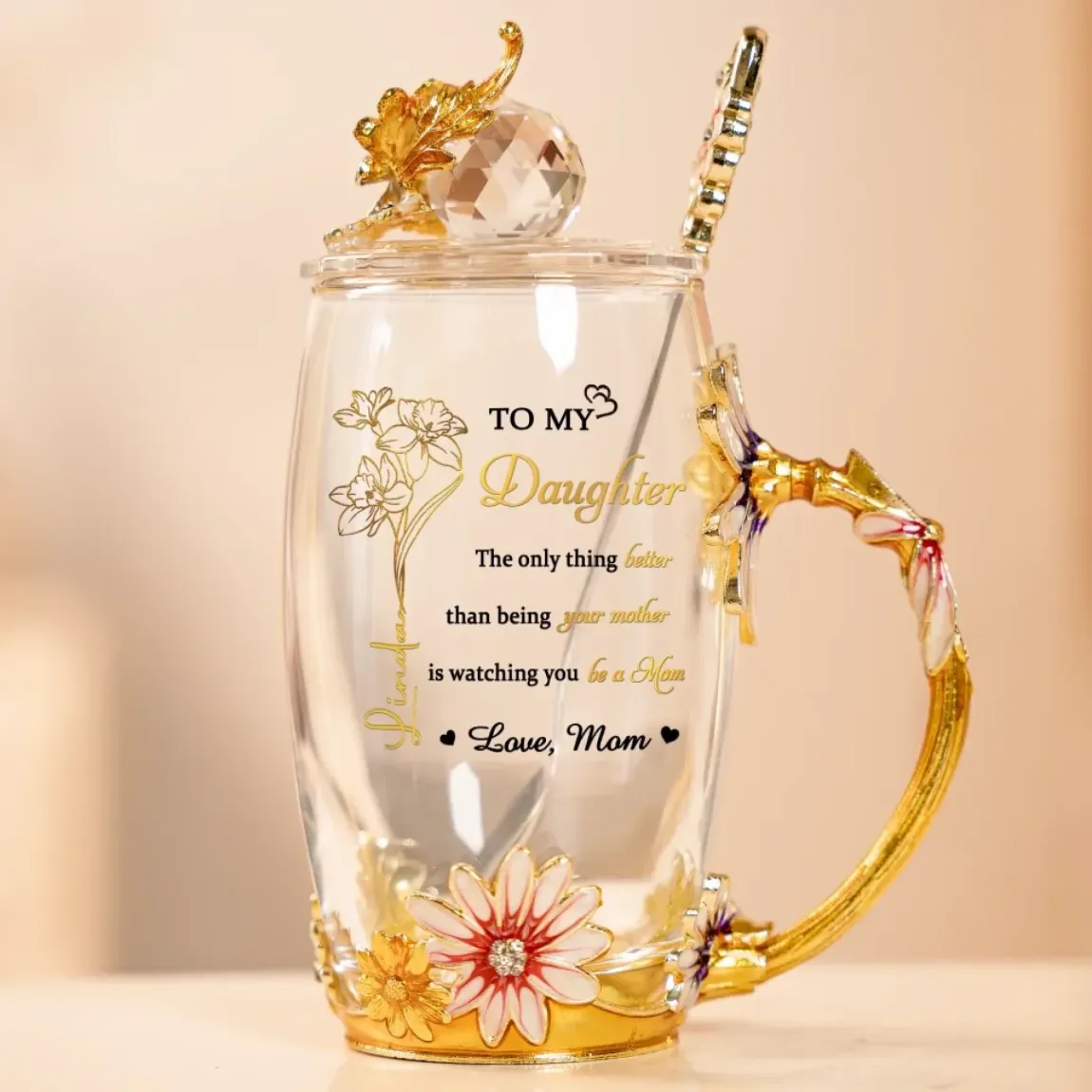 Every Step You Take Is A Mother's Pride - Family Personalized Custom Enamel Flower Tea Cup With Lid & Spoon - Mother's Day, Gift For Mom, Daughter