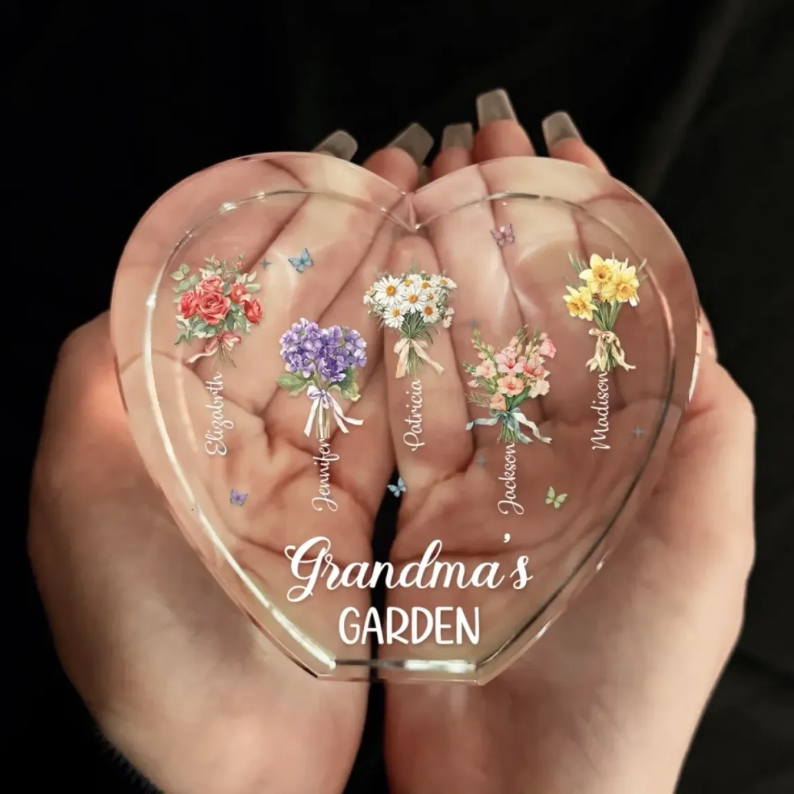 Planted In Her Heart - Family Personalized Custom 3D Crystal Heart Shaped - Mother's Day, Gift For Mom, Grandma