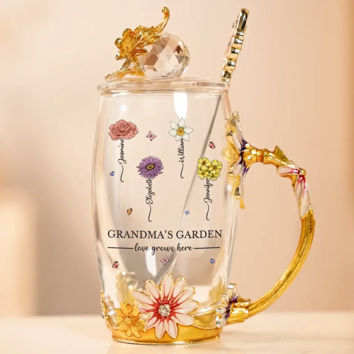 Love Grows Here - Family Personalized Custom Enamel Flower Tea Cup With Lid & Spoon - Mother's Day, Gift For Mom, Grandma