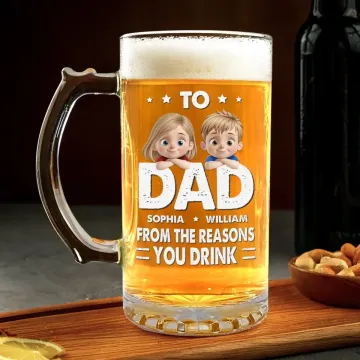 Here's To Dad, The Man Behind Our Cheers - Family Personalized Custom Glass Beer Mug - Father's Day, Gift For Dad, Grandpa