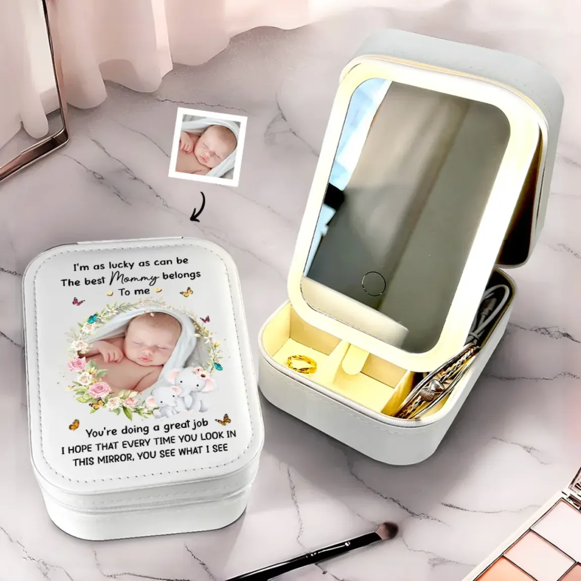 Custom Photo The Best Mommy Belongs To Me - Family Personalized Custom Jewelry Box LED Makeup - Gift For Mom, Pregnancy, Newborn Baby