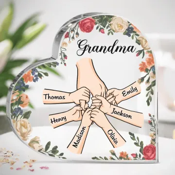 Hold My Hand, Hold My Heart - Family Personalized Custom Heart Shaped Acrylic Plaque - Gift For Mom, Grandma