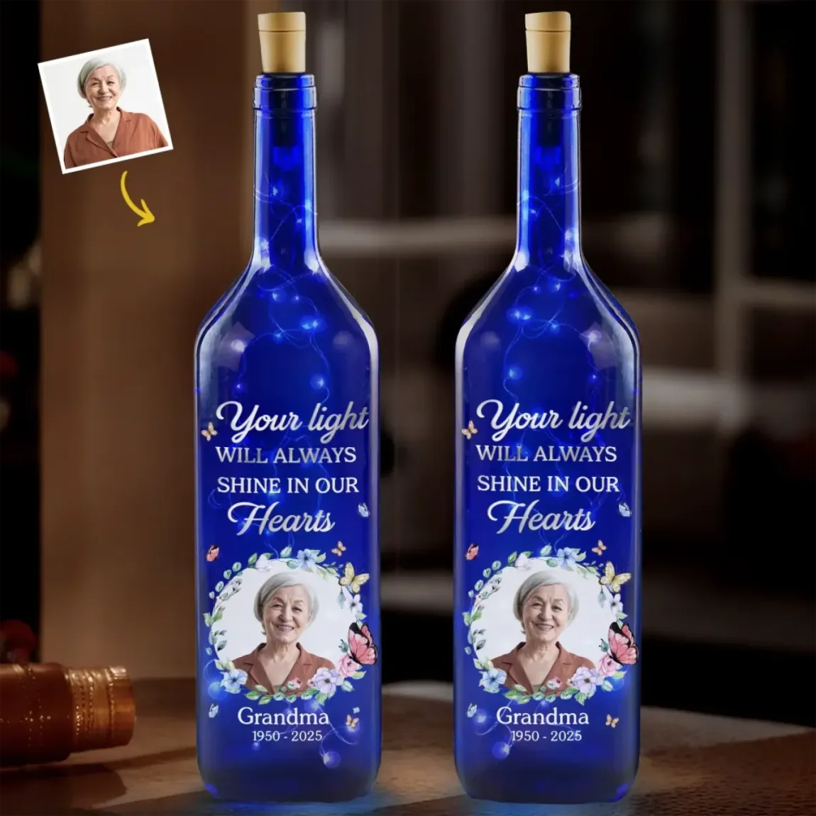 Custom Photo In Loving Memory, A Light That Never Dims - Memorial Personalized Custom Blue Bottle Lamp - Sympathy Gift For Family Members