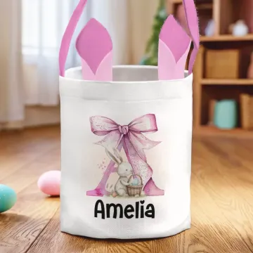 Bunny Kisses And Easter Wishes - Family Personalized Custom Bunny Basket, Tote With Bunny Ears  - Easter Gift For Kids Egg Hunt, Family Members