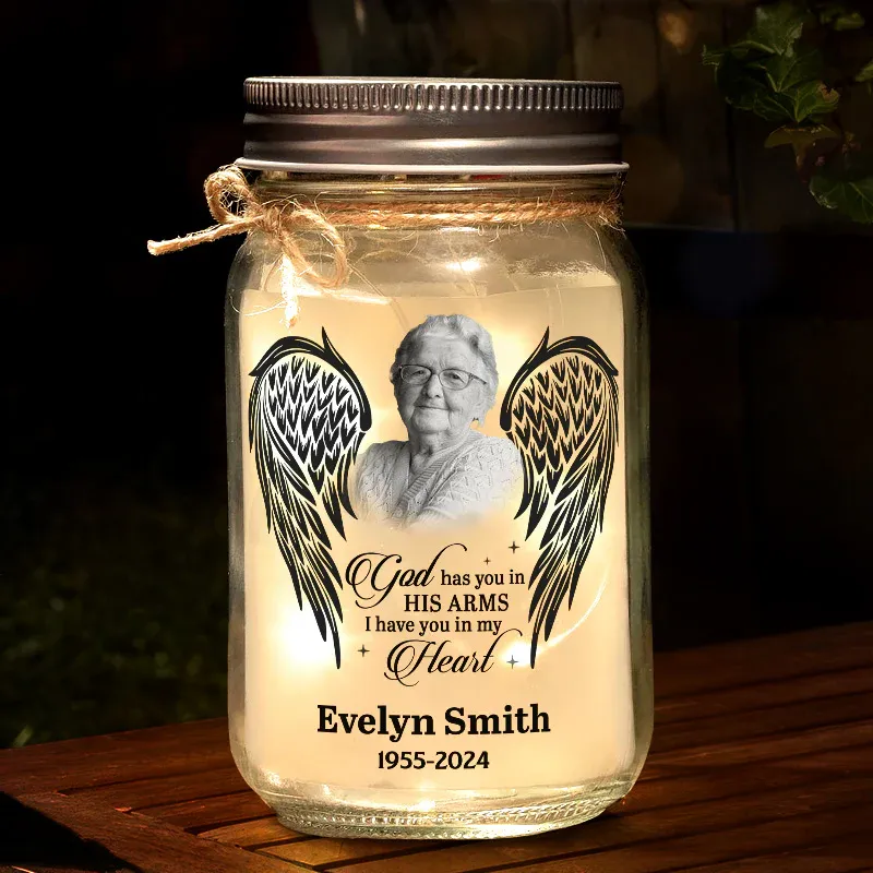 Custom Photo God Has You In His Arms - Memorial Personalized Custom Mason Jar Light - Sympathy Gift For Family Members