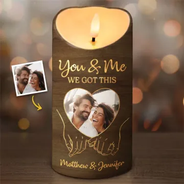Custom Photo Hold My Hand, Hold My Heart - Couple Personalized Custom LED Candle - Gift For Husband Wife, Anniversary