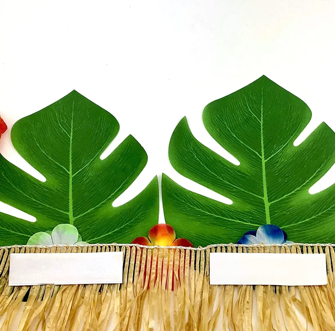 12 pc Tropical Green Leaves included 1 Hawaiian Luau Hibiscus Brown Table Skirt (9 ft)