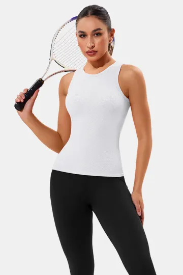 White High Neck Full Back Seamless Tight Fit Ribbed Tank Top