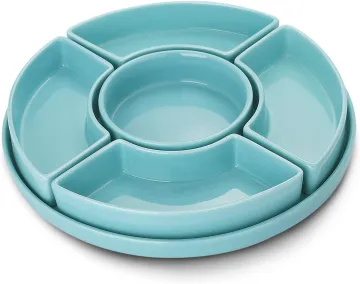 Porcelain Divided Serving Dishes, Relish Tray, Serving Bowls for Parties - Perfect for Chips and Dip, Veggies, Candy and Snacks, Turquoise