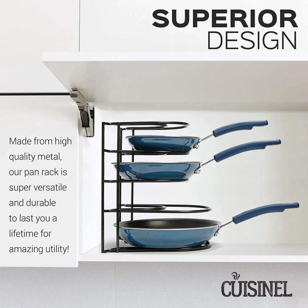 Heavy Duty Pan Organizer, 5 Tier Rack - Holds up to 50 LB - Holds Cast Iron Skillets, Griddles and Shallow Pots - Durable Steel Construction