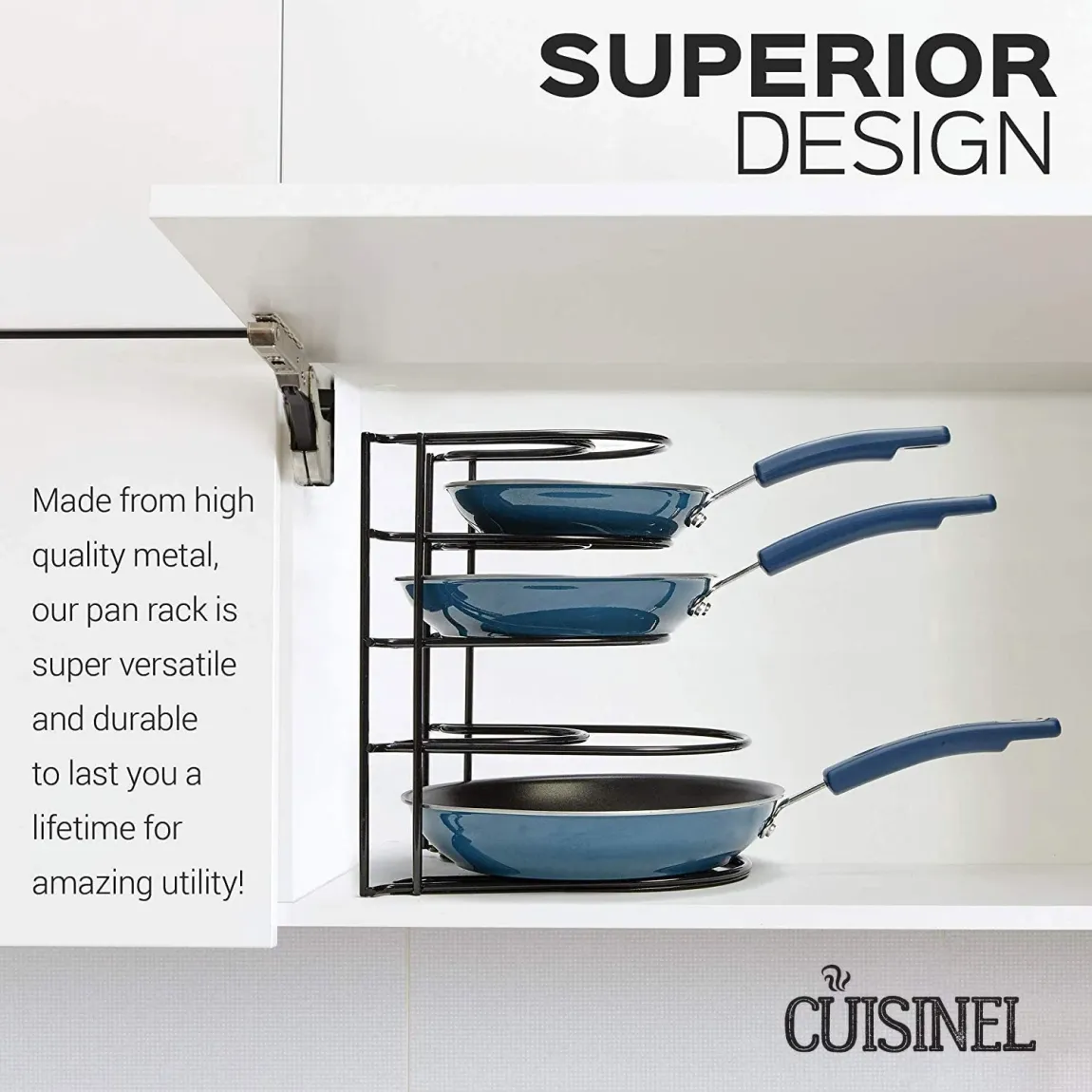 Heavy Duty Pan Organizer, 5 Tier Rack - Holds up to 50 LB - Holds Cast Iron Skillets, Griddles and Shallow Pots - Durable Steel Construction