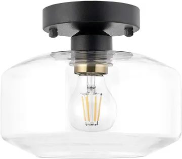 Semi Flush Ceiling Light, Brass Accent Socket, Upgraded Canopy, Matte Black Ceiling Light Fixture with Clear Glass for Hallway, Entryway, Dining Room, Bedroom,Living Room